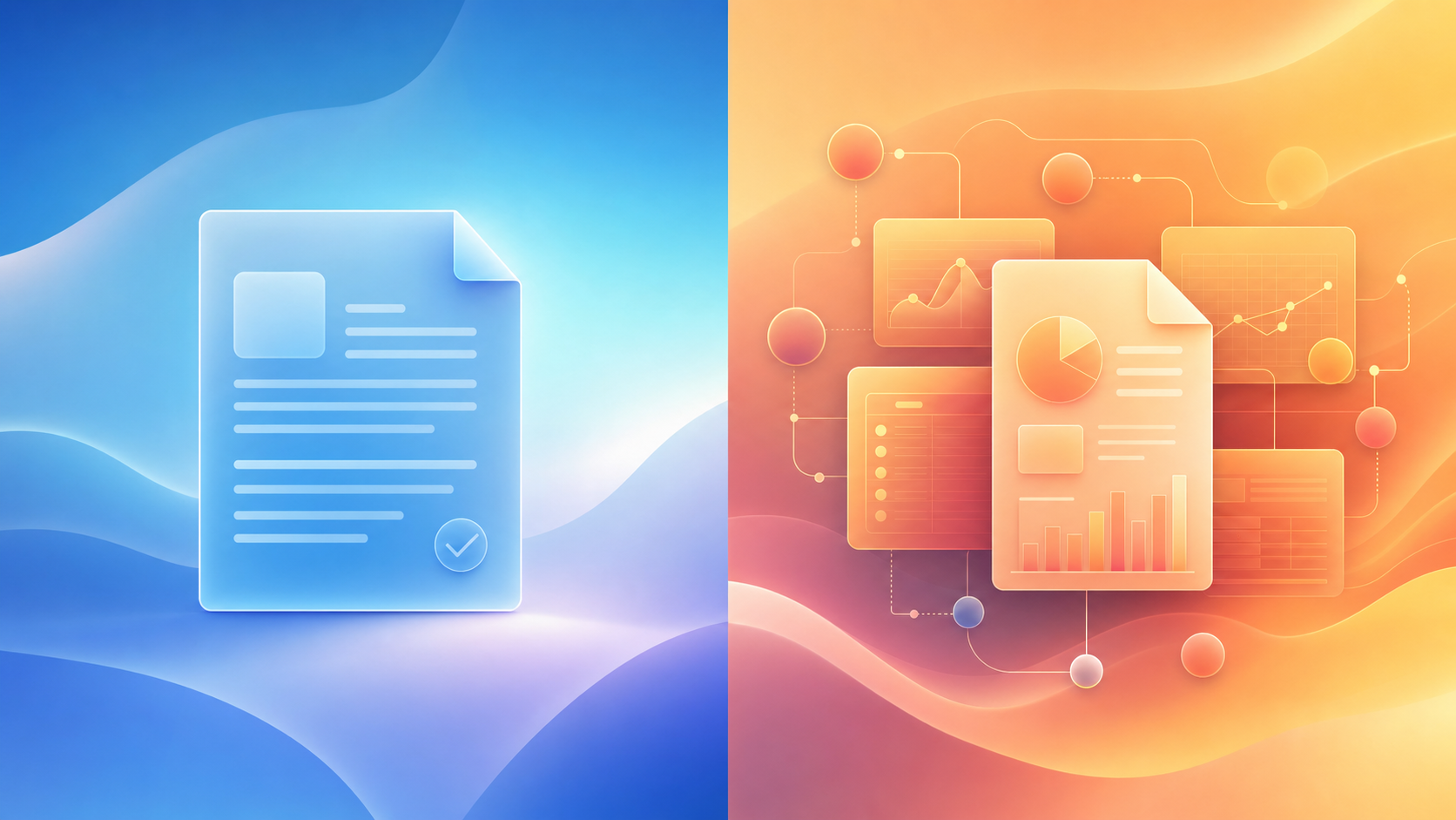 A split-panel legal concept illustration: on the left side, a clean minimalist representation of a simple single document or form suggesting a straightforward process, with a soft blue color palette; on the right side, a more complex layered set of documents, charts, and connected nodes suggesting multi-year planning and calculations, with a warm amber color palette. Both sides have a professional, modern aesthetic with geometric shapes and clean lines. No people, no text, no labels, no words anywhere in the image.