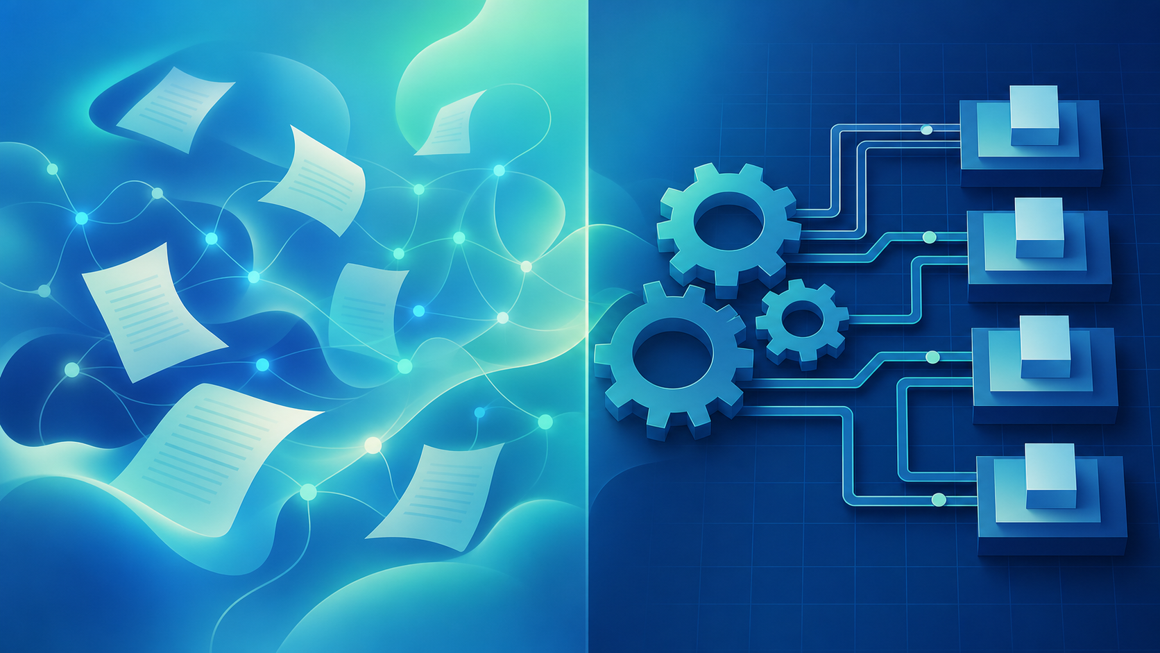 A clean, modern flat-style conceptual illustration contrasting two distinct processing approaches side by side in a professional legal-tech context. On the left, an abstract representation of flexible AI document reading: fluid, organic flowing shapes and adaptive neural-network nodes interpreting varied, irregular paper documents at different angles. On the right, an abstract representation of rigid deterministic calculation: precise geometric gears, a fixed grid, and clean mechanical arithmetic pathways producing exact, aligned output blocks. A subtle dividing line separates the two halves. Professional blue and teal color palette with soft gradients, subtle depth, no people, no readable text, no words, no letters, no numbers. Emphasize the contrast between adaptive interpretation and exact, auditable computation.