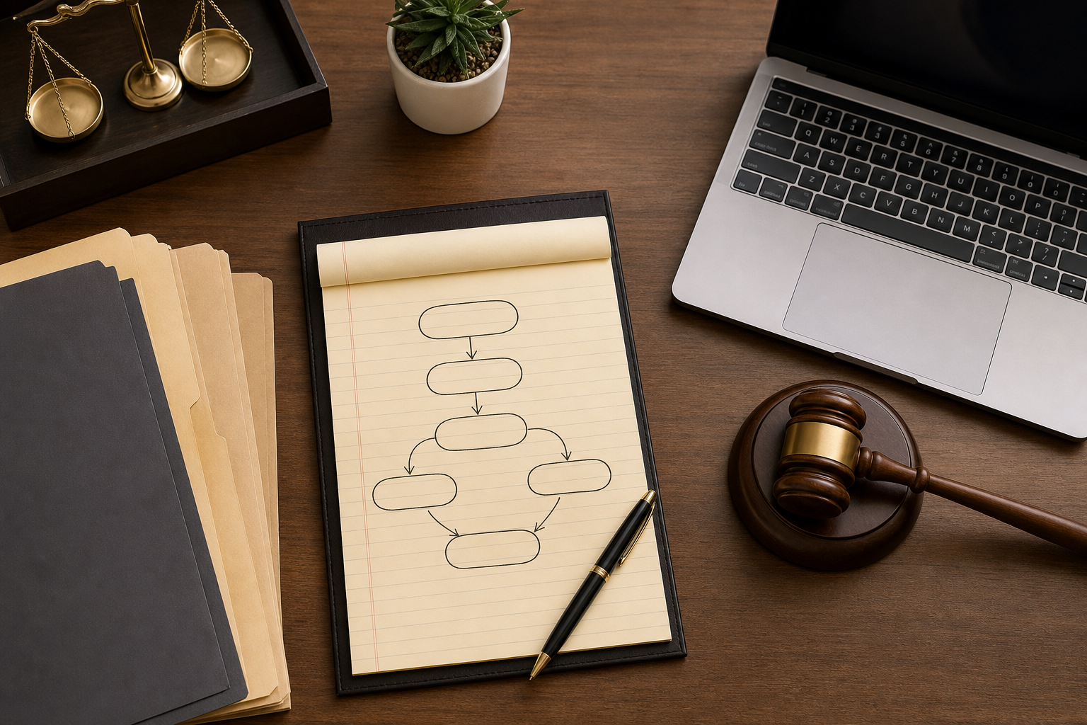 A top-down overhead view of a clean modern law office desk with organized folders, a legal notepad with handwritten flowchart arrows connecting stages, a gavel, a pen, and a laptop — representing a structured client intake pipeline process in a professional legal setting, warm neutral tones, no text or labels