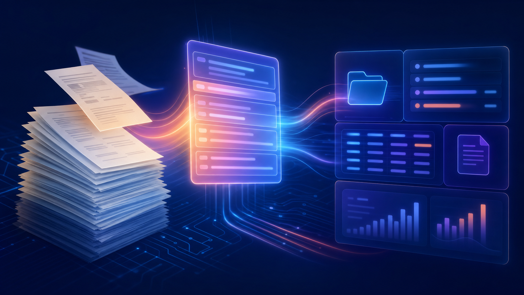 A clean, modern illustration of a glowing AI interface hovering above a stack of legal documents and contracts, with digital data streams and structured fields being automatically extracted and organized into a sleek dashboard, set against a deep navy blue background with subtle circuit patterns — no people, no text, no labels