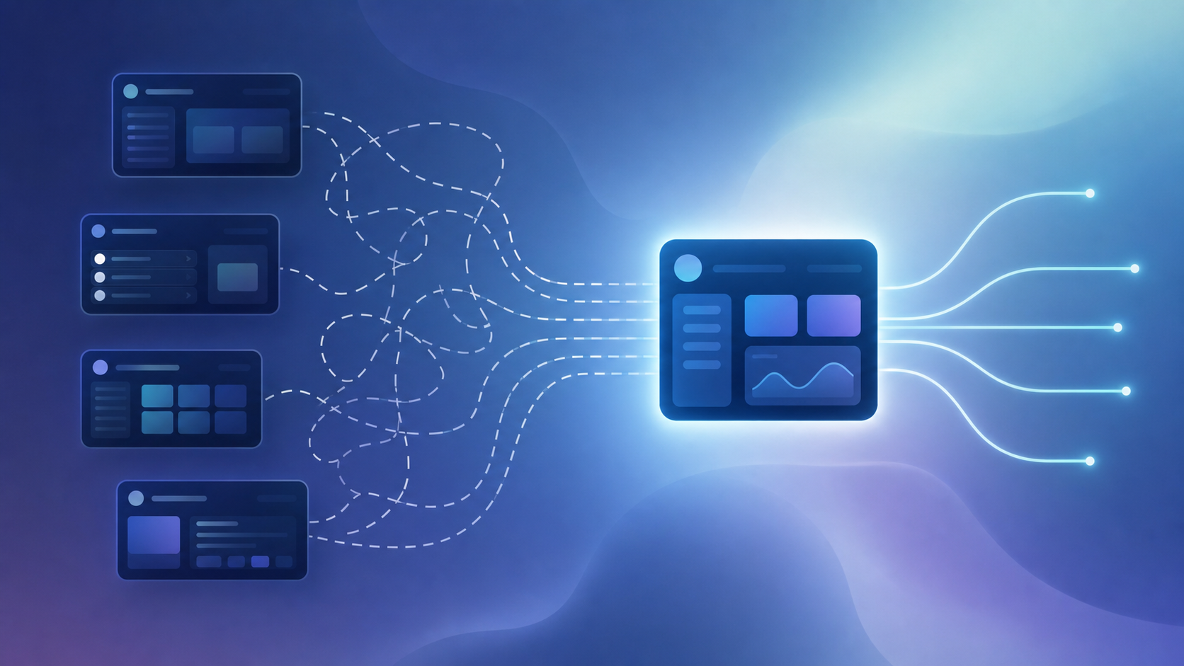 A clean conceptual illustration showing four separate disconnected digital tool panels on the left, each isolated with tangled broken connector lines between them, converging and simplifying into a single unified glowing central hub panel on the right. The single hub radiates smooth clean connection lines outward in an orderly way, symbolizing consolidation of scattered systems into one streamlined workspace. Professional legal-tech aesthetic, muted blue and slate color palette, modern flat-vector style, sense of order replacing chaos. No text, no words, no letters, no numbers.