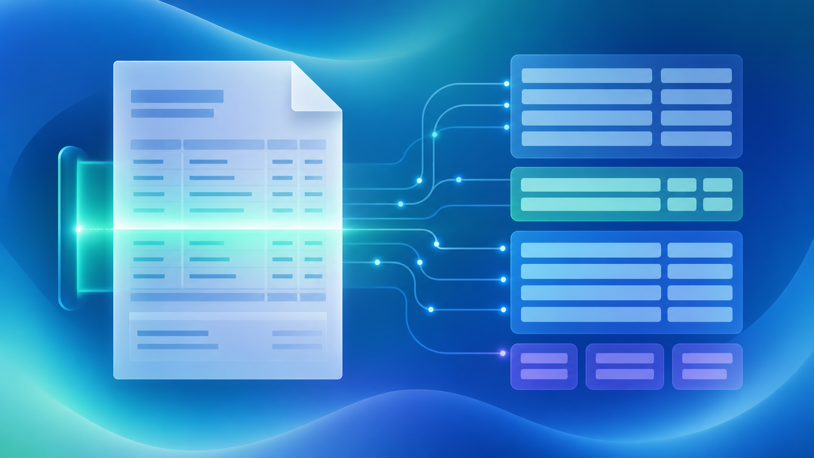 A clean, modern flat-illustration style graphic showing an abstract digital paystub document being scanned and parsed by an AI system. A stylized paper document with horizontal rows suggesting line items and financial data (no readable text or letters), overlaid with a glowing scan beam and connected nodes flowing into structured, organized data blocks on the right. Cool blue and teal color palette, soft gradients, a sense of automated data extraction and organization. Minimal, professional legal-tech aesthetic. Absolutely no text, words, numbers, or letters anywhere in the image.