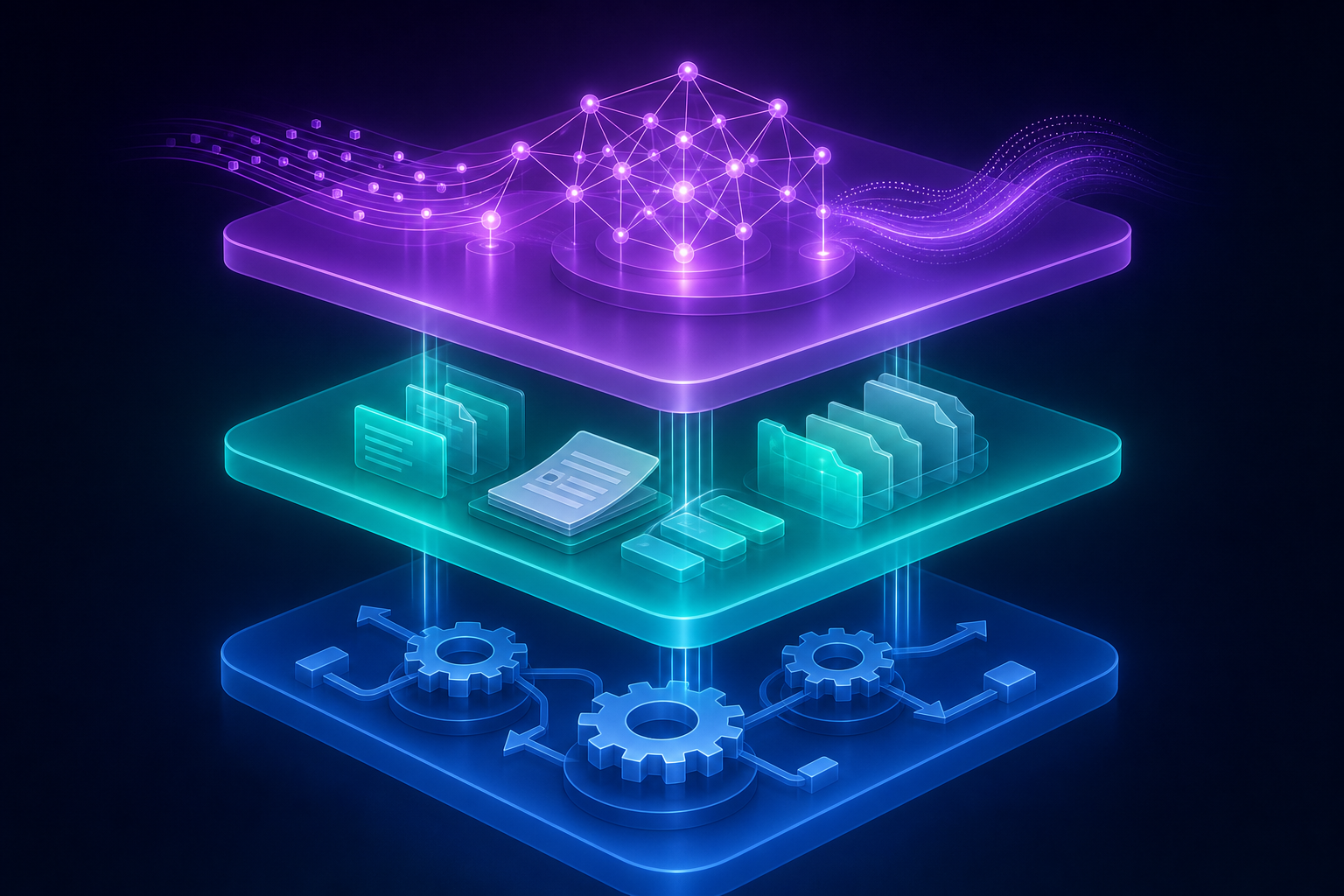 A clean, modern isometric illustration showing three distinct horizontal layers of a digital workflow system, each layer glowing with a different color — bottom layer is blue representing basic rule-based automation with gears and arrows, middle layer is teal representing document processing with file icons and template forms, top layer is purple representing AI reasoning with neural network nodes and data streams flowing upward, all three layers interconnected with vertical light beams, dark professional background, no text or labels