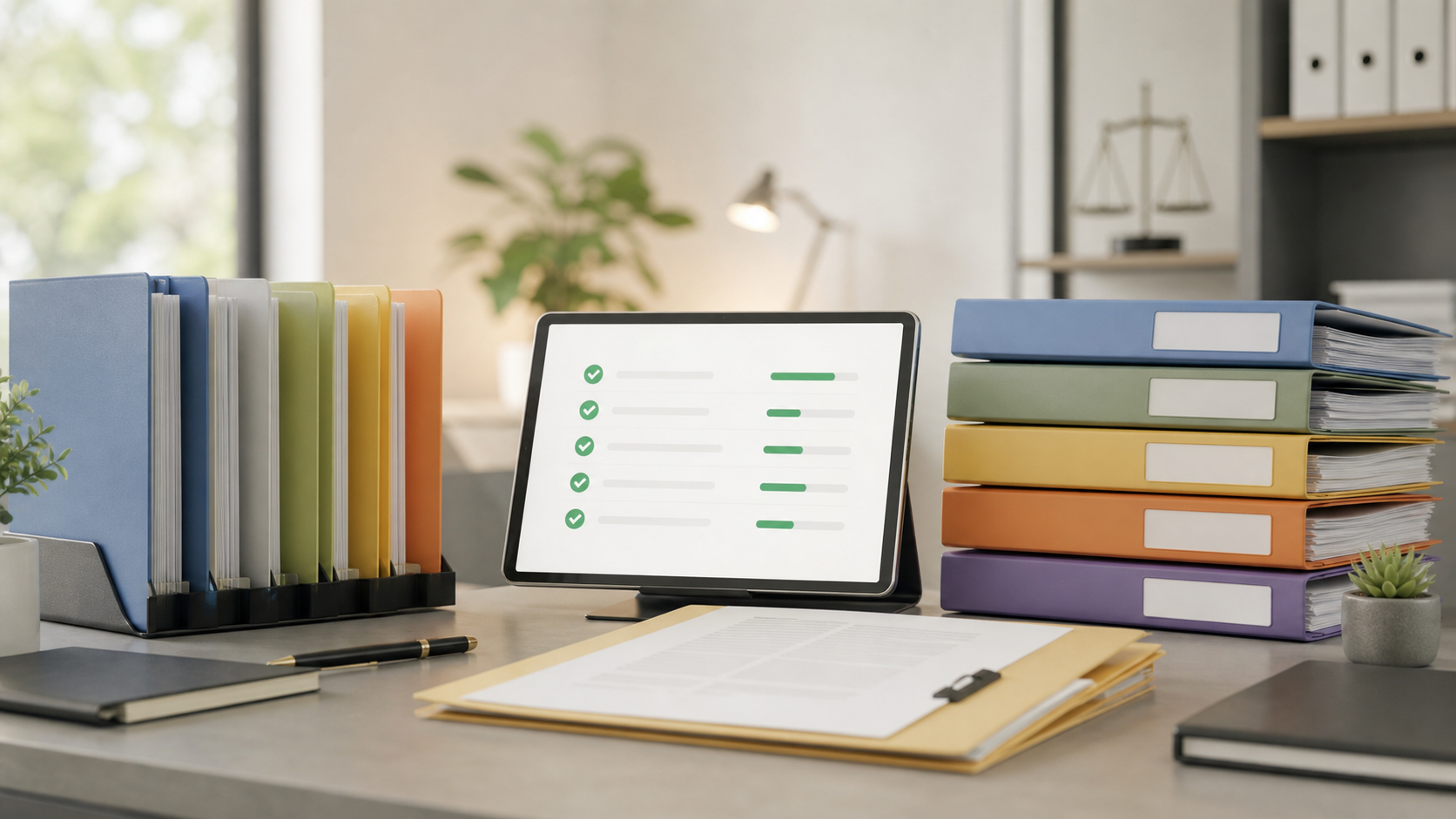 A clean, modern legal office workspace showing an organized document workflow system: a desk with neatly stacked folders color-coded by category, a digital tablet displaying a checklist dashboard with green checkmarks and progress indicators, stacked document files labeled with tabs, and a calm professional environment with soft natural lighting. No clutter, conveying efficiency and organization in a law firm setting.