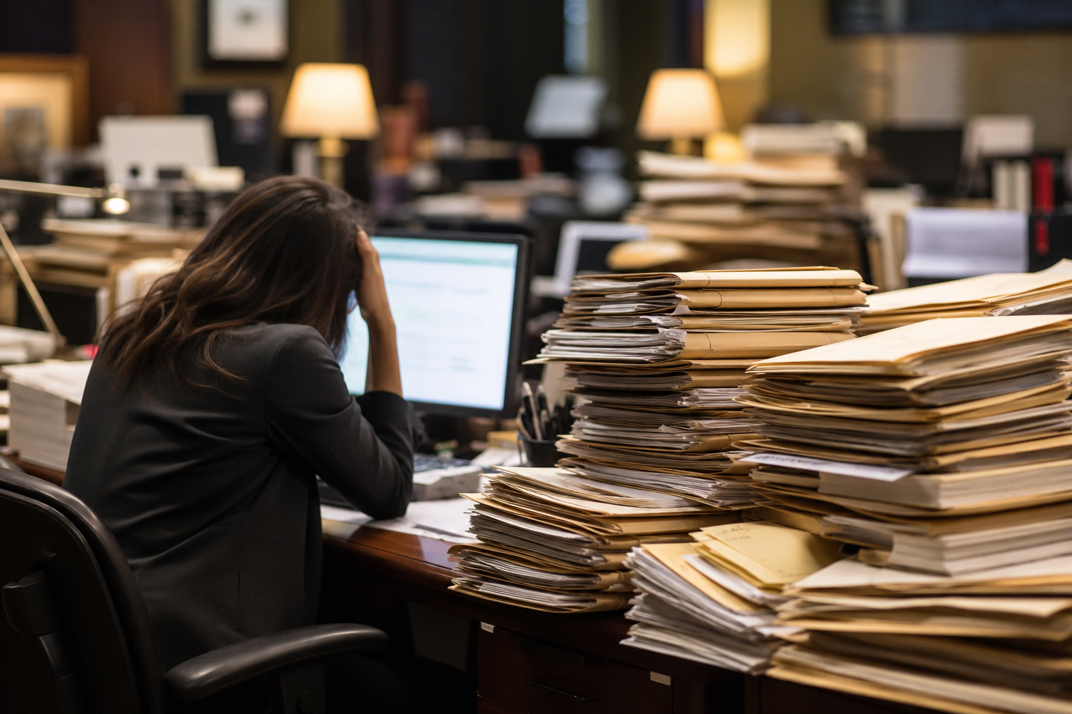 A busy law office desk overflowing with stacked legal file folders and case documents, a stressed paralegal working at a computer surrounded by towering piles of paperwork, warm office lighting, realistic photography style, no people's faces clearly visible, depth of field blur in background