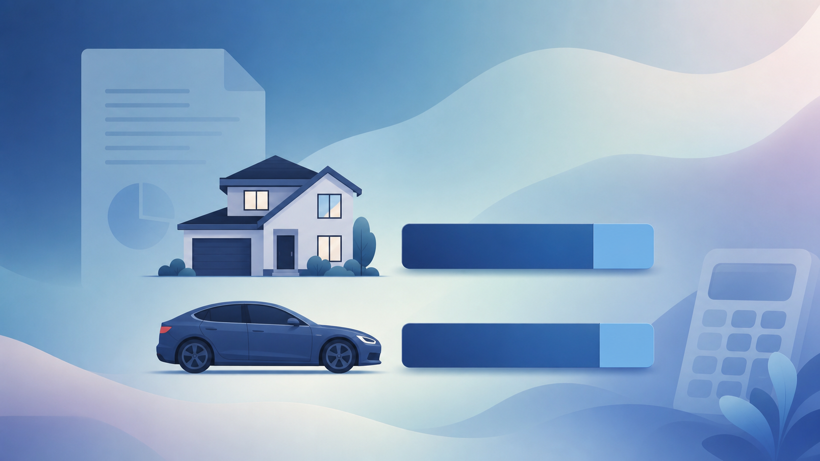 A clean, modern flat-illustration concept visualizing home and vehicle equity calculation. Show a stylized house and a car icon, each with a horizontal bar broken into two colored segments — one segment representing an outstanding loan/lien and a smaller remaining segment representing exposed equity. Include subtle financial document and calculator motifs in a professional legal-tech aesthetic. Muted blue and slate color palette, soft shadows, minimalist vector style, no text, no words, no letters, no numbers.