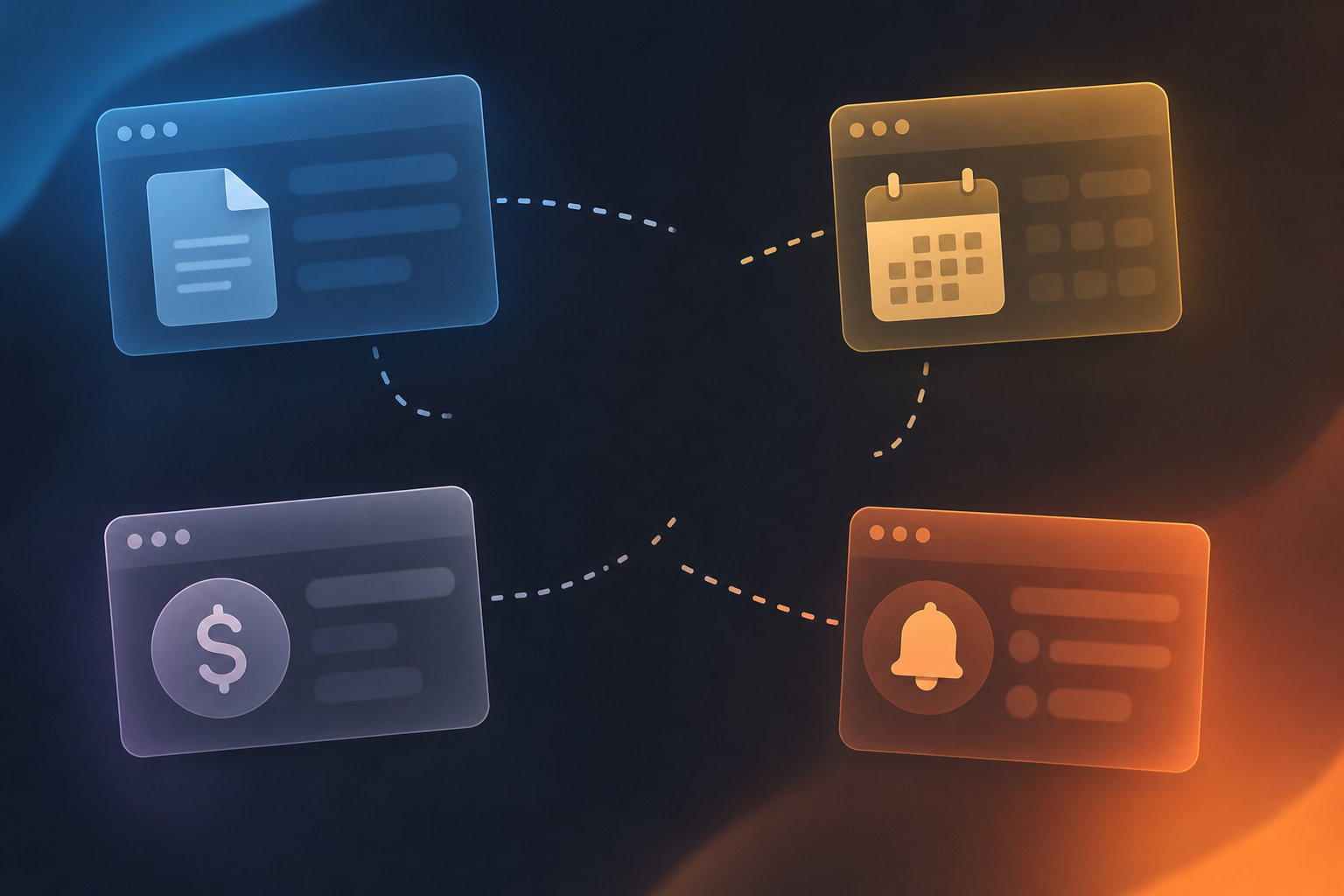 A professional flat design illustration showing four separate disconnected software interface panels arranged in a scattered, disorganized layout on a dark background, connected by broken or fraying dotted lines with gaps between them, representing fragmented disconnected digital tools that do not communicate seamlessly. Each panel has a distinct color and icon suggesting different functions — a document, a calendar, a payment symbol, and a notification bell. The overall mood conveys complexity, inefficiency, and manual coordination burden. Muted blue, gray, and amber tones. No text, no letters, no numbers anywhere in the image.