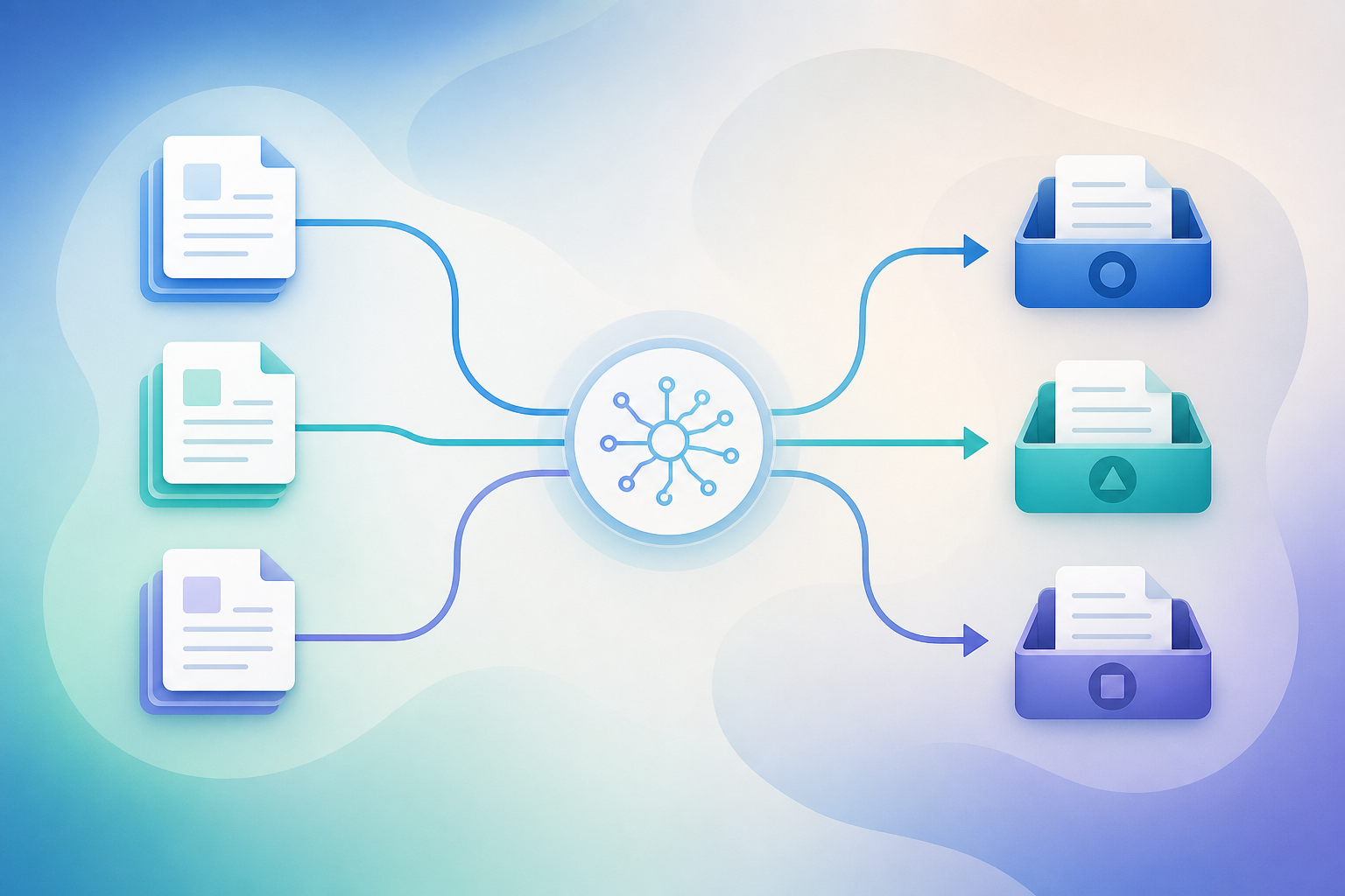 A clean, modern flat-illustration style diagram showing three separate document stacks on the left representing three credit bureau reports, with flowing connector lines converging into a central processing hub, then branching out to three distinct destination folders or trays on the right. Use a professional legal-tech color palette of blues, teals, and soft grays. No text, no words, no letters, no numbers anywhere in the image. Abstract icons only: document sheets, arrows, sorting bins, and a subtle circuit or node motif in the central hub to suggest automated intelligent routing.