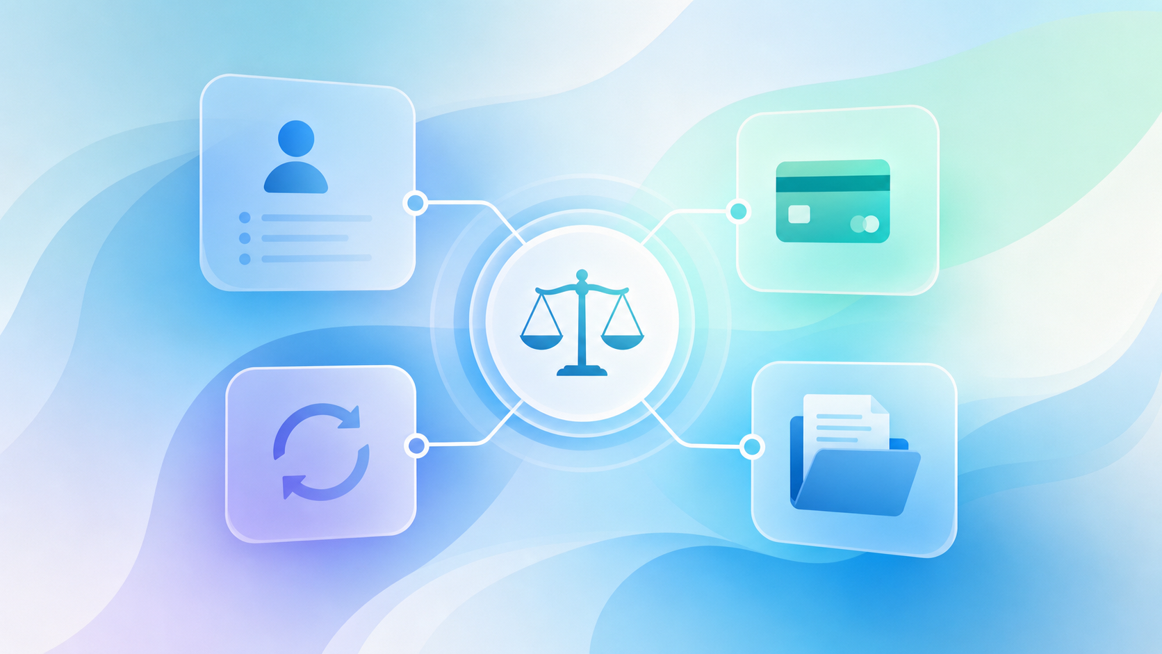 A clean, modern flat-style illustration of a single unified digital workspace dashboard for a law firm, shown as one central hub with interconnected panels radiating outward representing intake, case management, payment processing, and document filing. Soft blue and teal color palette, professional and minimal. Abstract icons for a payment card, a document folder, a scale of justice, and a workflow arrow loop, all linked by clean connecting lines to a central circular node. No text, no words, no letters, no numbers. Bright, airy background.