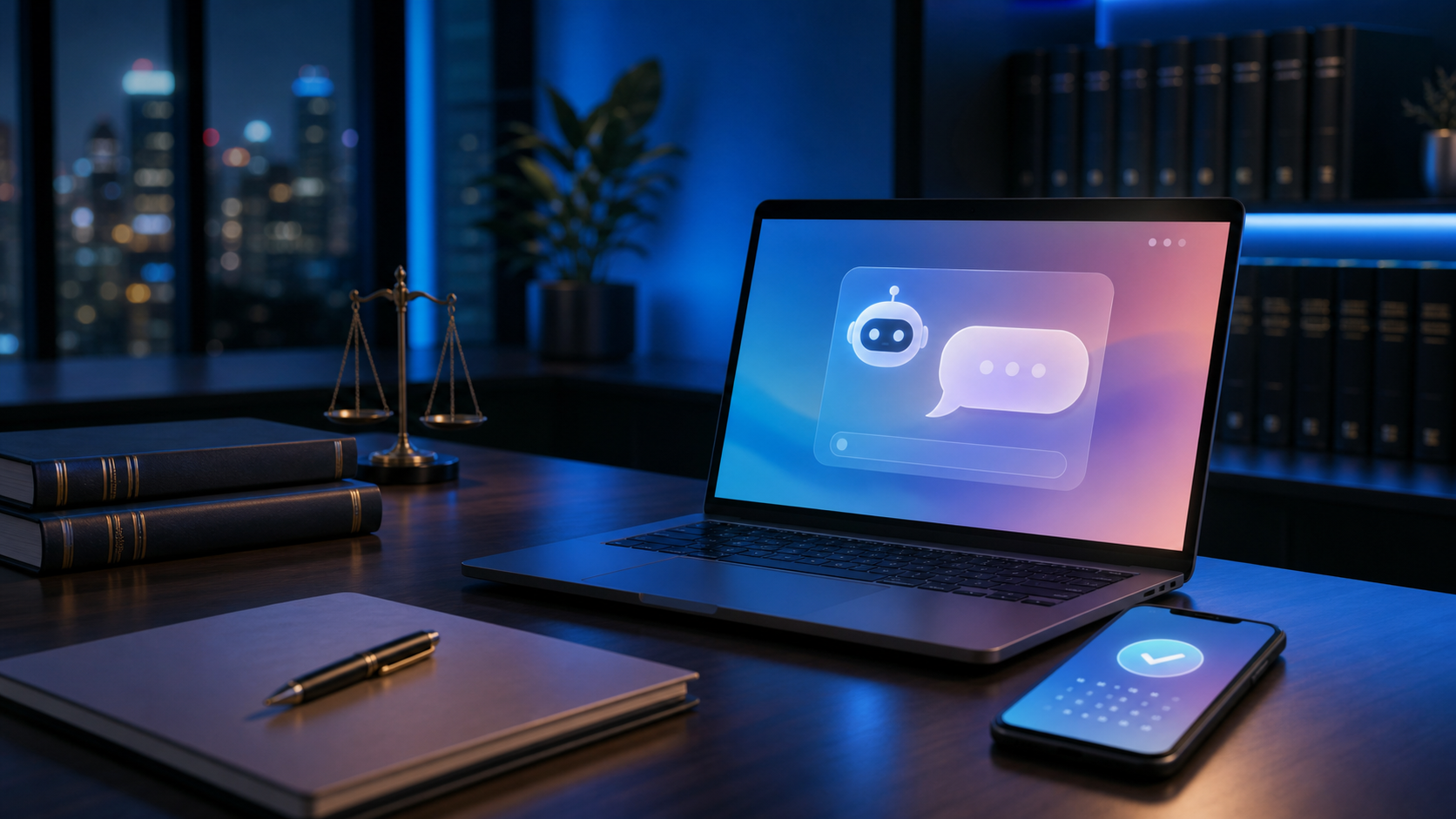 A sleek modern law office at night with a glowing laptop screen on a desk, an AI chatbot interface visible on screen with a conversation bubble, soft blue ambient lighting casting a calm glow, legal books and folders in the background, a smartphone on the desk showing a calendar booking confirmation, no people, clean professional atmosphere, cinematic depth of field