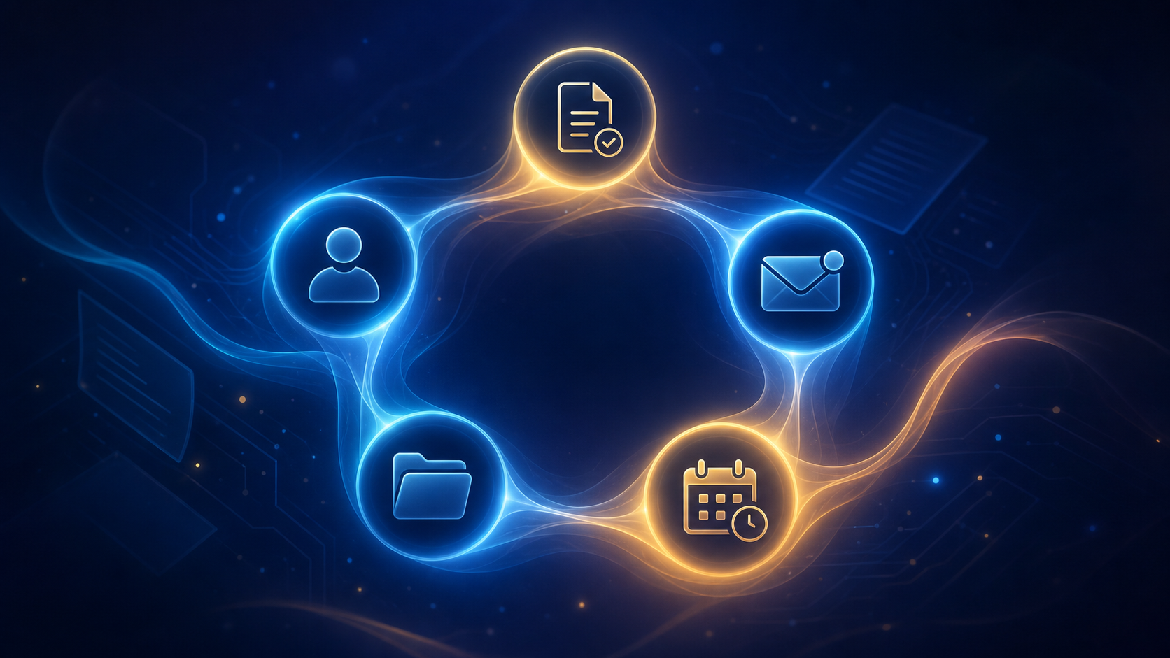 A sleek, modern digital illustration showing five interconnected glowing nodes arranged in a circular network pattern, each node representing a different automated process in a law office environment. The nodes are connected by flowing light streams, set against a deep navy blue background with subtle legal document silhouettes and circuit-like patterns. Clean, professional, abstract technology aesthetic with cool blue and gold accent colors.