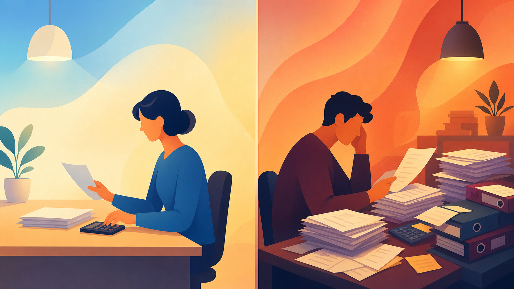 Two side-by-side illustrated profiles of individuals sitting at desks with financial documents and calculators, one desk clean and minimal with a small stack of papers, the other desk covered with layered stacks of bills, folders labeled with tax and mortgage documents, and a larger pile of paperwork, warm office lighting, flat vector illustration style, no text or labels anywhere