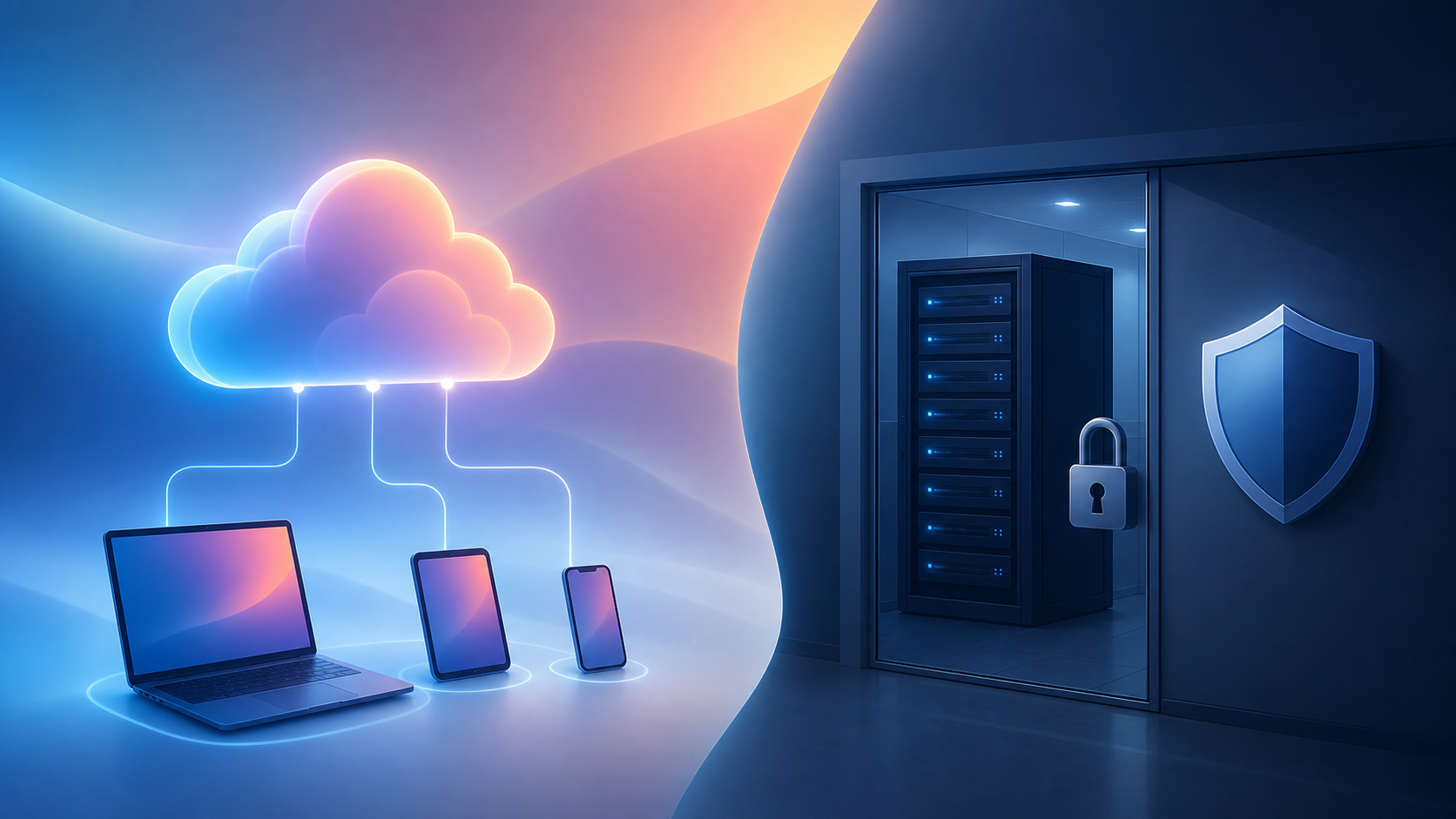 A clean, professional split-scene conceptual illustration contrasting cloud-based versus on-premises legal software infrastructure. On one side, a stylized glowing cloud connected by soft light lines to a laptop and mobile device, suggesting remote access from anywhere. On the other side, a physical server rack inside a locked office room with a shield icon representing on-site data control. Modern flat vector style, muted blue and slate color palette, soft lighting, no people. Purely visual, no text or letters anywhere.