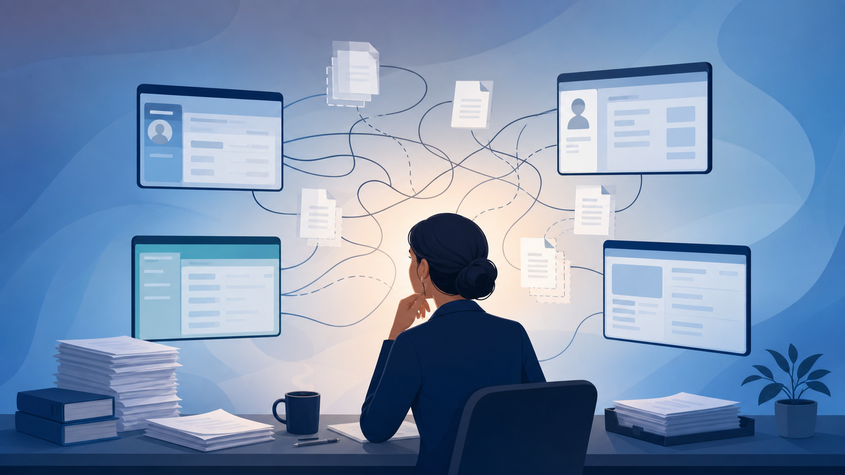 A conceptual illustration of a law firm paralegal at a desk surrounded by four disconnected digital screens showing scattered client records, tangled connector lines between them representing manual data reconciliation. Muted professional blue and slate color palette, clean modern flat-vector style, sense of tedious repetitive administrative work, papers and duplicate document icons floating between systems. No text, no words, no letters, no numbers.