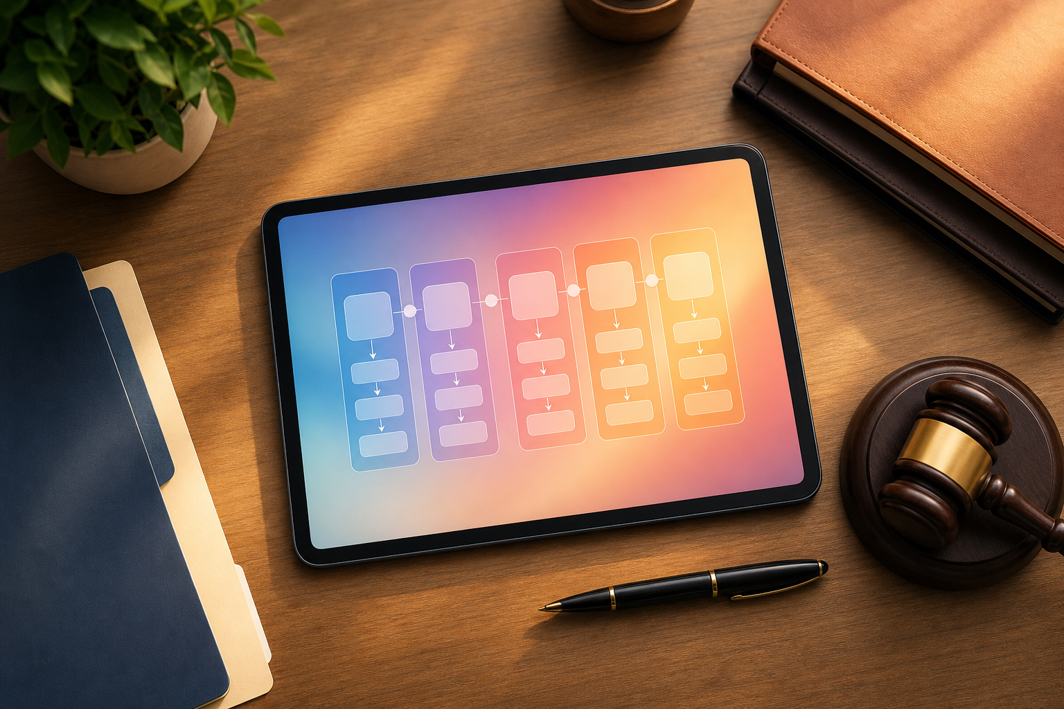 A clean, modern law office desk scene viewed from above, showing a organized digital tablet displaying a visual pipeline flowchart with colored stage columns, surrounded by neatly arranged legal folders, a gavel, and a pen, warm professional lighting, flat lay style, no people