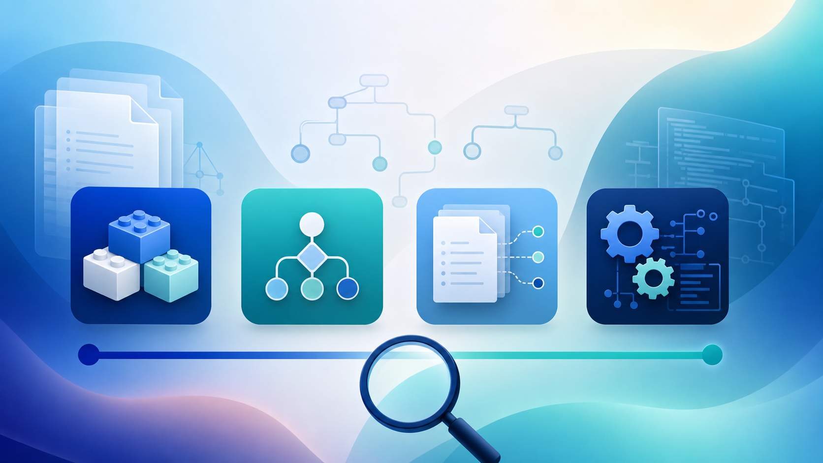 A clean, modern conceptual illustration representing the comparison of legal document automation tools along a build-effort spectrum. Depict four abstract software platform icons arranged along a horizontal gradient scale, ranging from simple no-code building blocks on one end to complex configurable gears and code structures on the other. Use a professional color palette of deep blues, teals, and soft grays. Show subtle imagery of stacked legal documents, branching decision paths, and interconnected nodes representing template logic. Include a magnifying glass motif suggesting careful evaluation. Flat vector style, corporate and polished, no text, no words, no letters, no numbers.