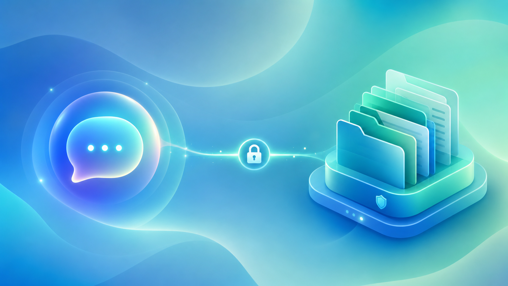 A clean, modern conceptual illustration showing a client-server connection model in a legal technology context. On one side, an AI assistant depicted as an abstract glowing conversational node; on the other side, a secure case data system depicted as organized layers of digital case files and folders. A single secure connection line with a padlock icon flows between them, representing authenticated login access. Minimalist flat design, soft blue and teal palette, professional and trustworthy tone, no people, no readable text or letters anywhere in the image.