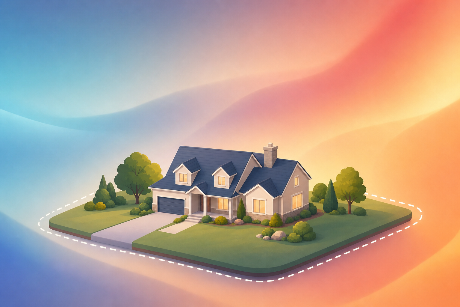 A clean, professional editorial illustration of a single-family suburban house sitting on a defined plot of land, with a subtle dashed boundary line encircling the property to suggest an acreage limit. Warm, trustworthy color palette with soft blues and neutral tones. Flat vector style, no people, no signage, no words or letters anywhere in the image. Conveys the idea of a protected home and its land.