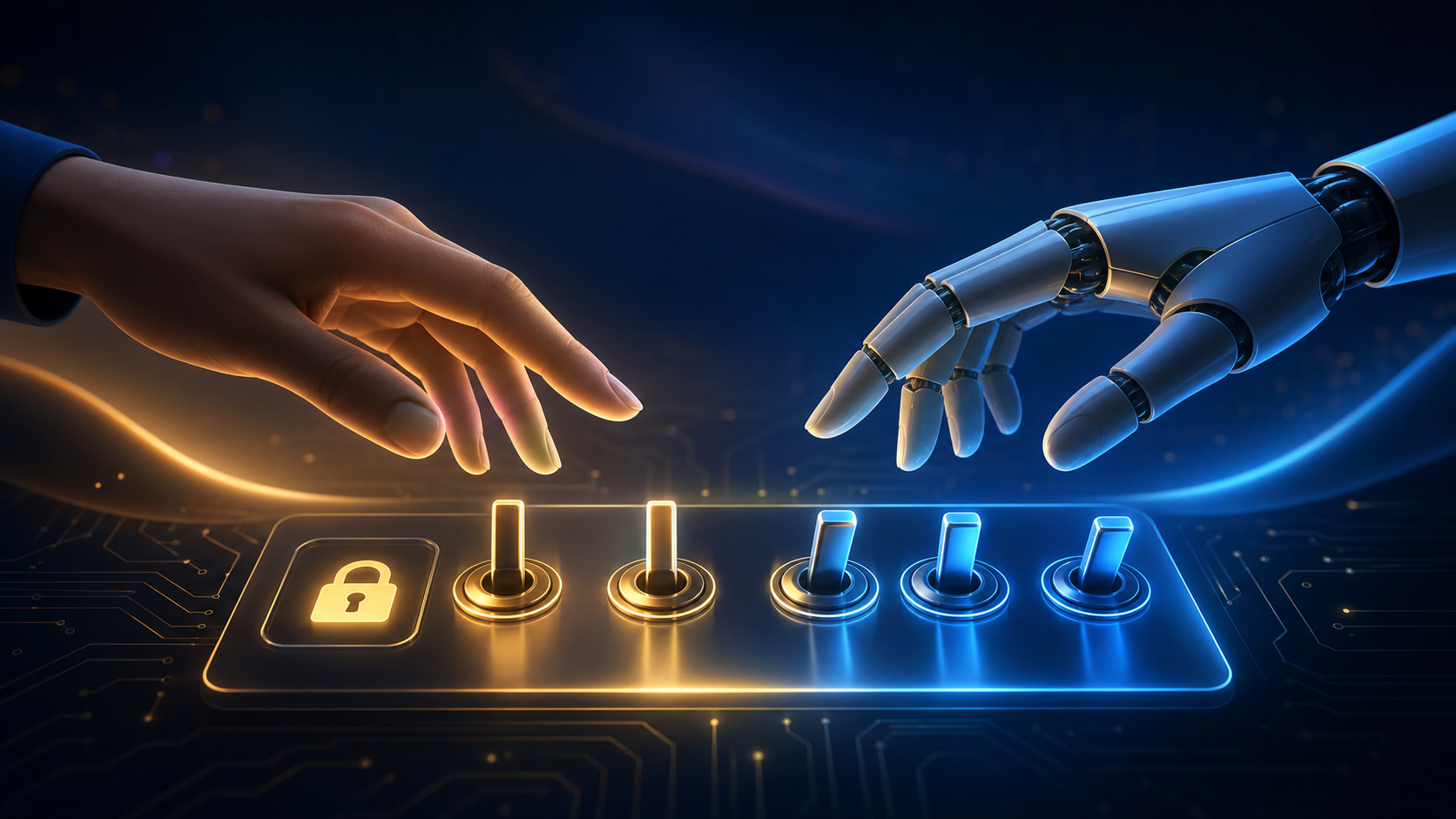 A sophisticated digital illustration showing a human hand and a robotic hand hovering over a glowing control panel with switches and approval gates, symbolizing human oversight of automated systems. The control panel has illuminated toggle switches in two states — locked and unlocked — with a secure padlock icon on one side. Deep navy blue background with subtle circuit board patterns, gold and cool blue accent lighting. Clean, abstract, professional aesthetic with no symbols representing money or currency.