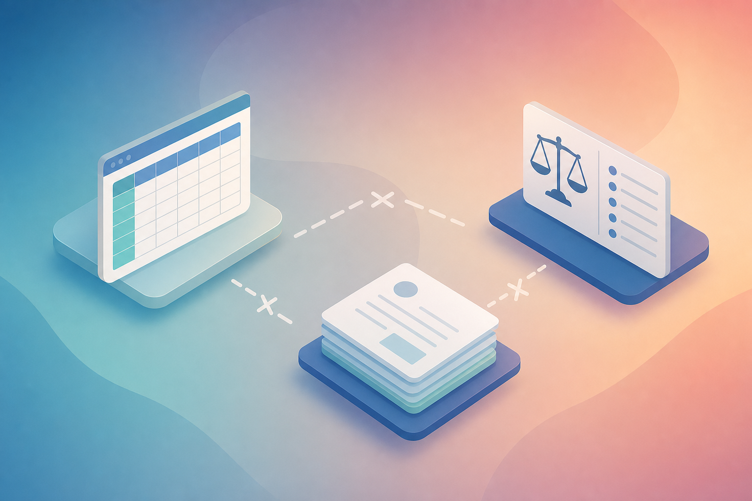 A clean, modern isometric illustration of three disconnected digital systems floating separately, each unable to communicate with the others: a spreadsheet grid panel, a document ledger stack, and a court docket record panel, with broken or missing connection lines between them, gaps and dotted disconnected pathways in between. Muted professional color palette of blues, grays, and soft teal. Flat vector style, no text or letters, conveying fragmentation and lack of integration in a legal operations workflow.