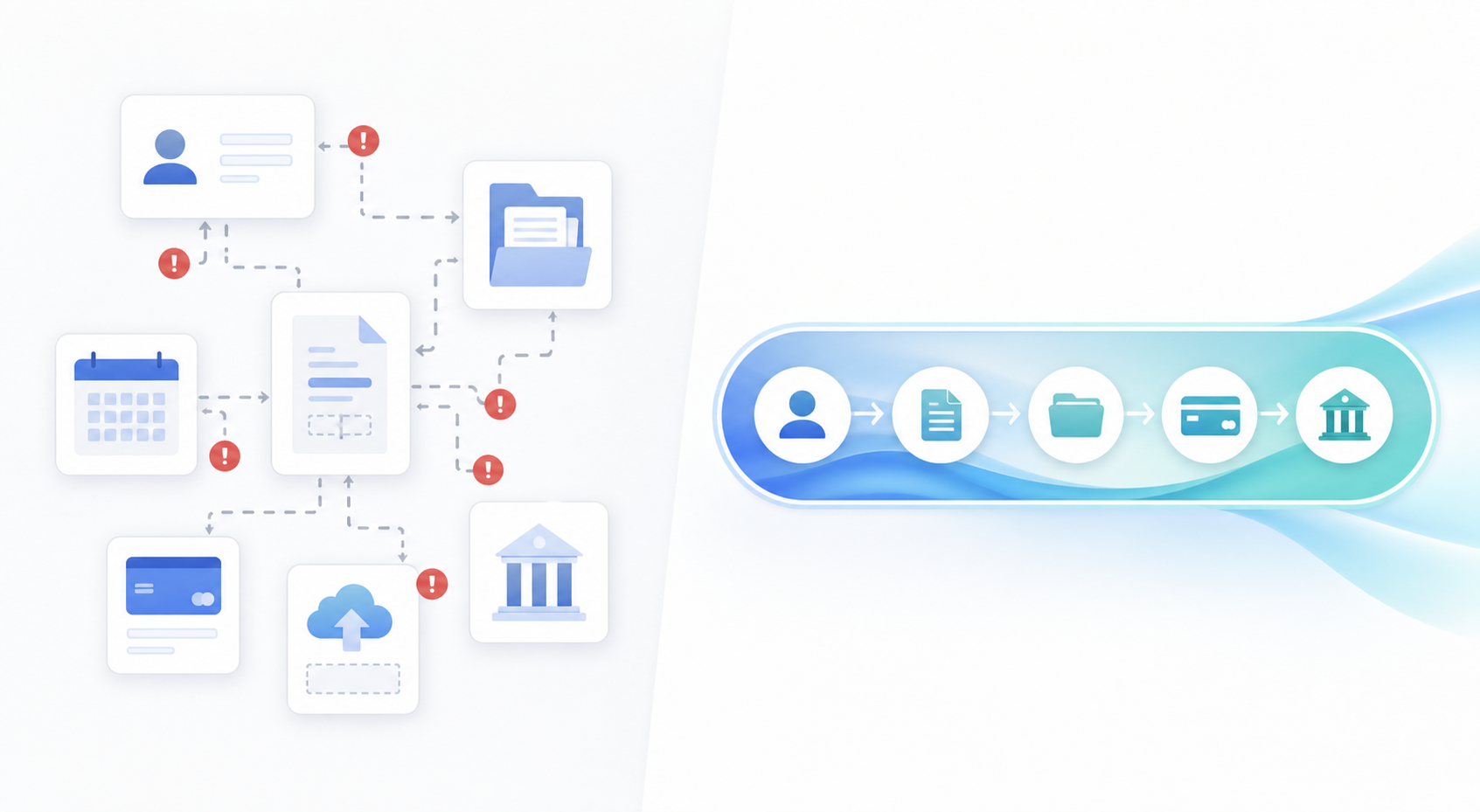 A clean, modern flat-style illustration contrasting a fragmented legal software workflow with a unified one. On the left, several disconnected system boxes with broken dotted lines between them and small warning/error indicators, showing data being manually re-entered between separate tools. On the right, a single consolidated platform shown as one continuous connected pipeline with smooth flowing arrows from lead capture through document collection, payment, and filing. Professional blue and teal color palette, minimal geometric style, soft shadows, white background, no people's faces in detail, no text or letters anywhere. Convey the difference between scattered point solutions and one seamless end-to-end system.