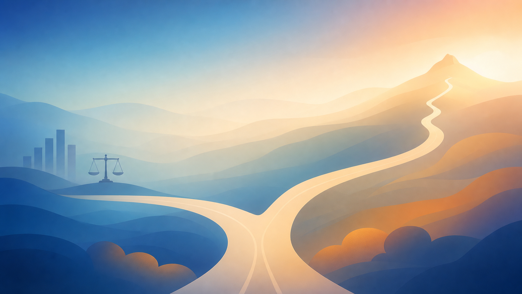 A clean conceptual illustration of a single road forking into two diverging paths at a decision point, viewed from above. One path is shorter and levels off gently, the other stretches much longer into the distance and climbs upward. Soft professional color palette of blues and warm neutrals, minimalist flat-design style, no text or letters or numbers anywhere. Subtle financial-planning motif with abstract bar shapes and a scale-of-balance icon integrated into the landscape. Calm, authoritative, editorial illustration suitable for a legal-tech blog.