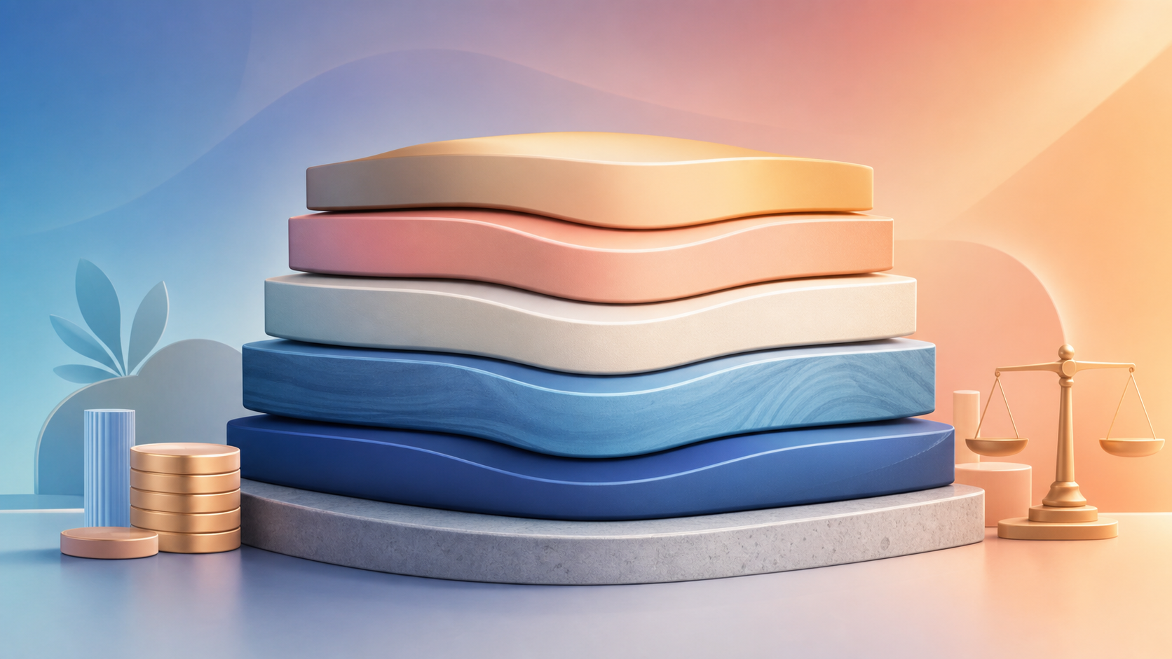 A clean conceptual editorial illustration showing a stacked, layered structure representing components of a monthly payment building up in tiers, viewed as an abstract cross-section. Multiple horizontal strata rest on top of one another like a foundation with distinct layers, with a lower baseline layer clearly supporting everything above it. Soft professional color palette of blues and warm neutrals, minimalist flat-design style, no text or letters or numbers anywhere. Subtle financial and legal motif with abstract stacked-block shapes, coins, and a foundation-slab base integrated into the composition. Calm, authoritative, suitable for a legal-tech blog.