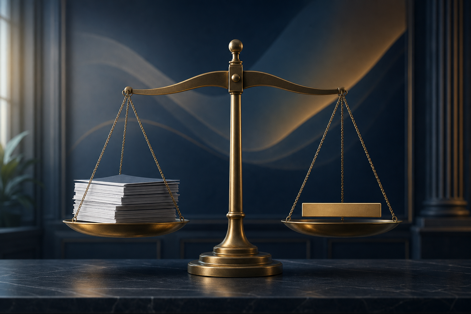 A conceptual illustration of a financial eligibility screening process. Two balanced scale pans — one holding a stack of documents representing income, the other showing a threshold bar or benchmark level. Clean geometric lines, professional courtroom or financial office setting suggested in the background. Muted deep navy blue and slate gray palette with subtle gold accents. No text, no words, no letters, no numbers.