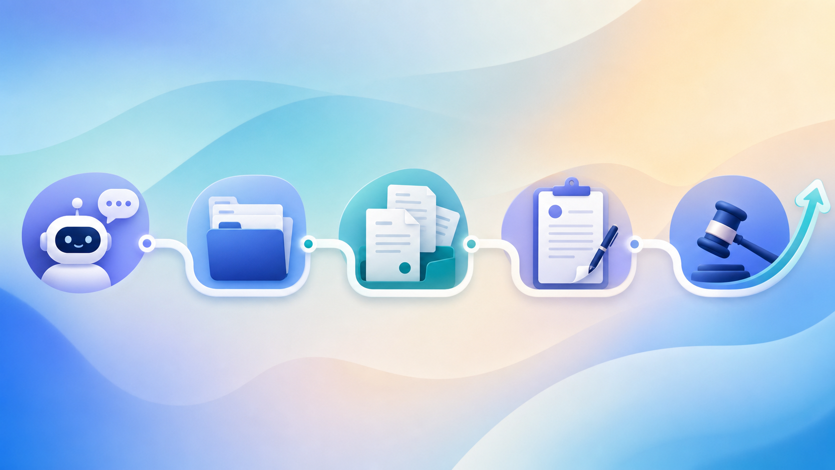 A clean, modern flat-style illustration showing a connected digital workflow for a law firm: a conversational intake assistant icon flowing into a case file, then into document collection, petition preparation, and court filing stages, connected by smooth continuous lines. Soft professional color palette of blues, teals, and neutral tones. Abstract legal and document icons (folders, forms, a gavel-like shape, upward progress arrows) arranged along a single unbroken pipeline. Minimalist, polished, no text, no words, no letters, no numbers.