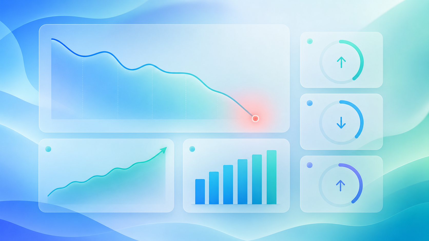 A clean, modern conceptual illustration of a law firm health dashboard visualizing key performance metrics as early warning signals. Abstract analytics dashboard with simple line graphs trending, circular gauge indicators, upward and downward arrow shapes, and bar chart shapes representing intake-to-retention rate, case cycle time, and receivable velocity. A subtle warning indicator glowing softly on one declining trend line. Professional blue and teal color palette, soft gradients, minimalist flat-design vector style, no people, no text, no words, no letters, no numbers. Bright, airy, corporate SaaS aesthetic with floating geometric card shapes representing data panels.