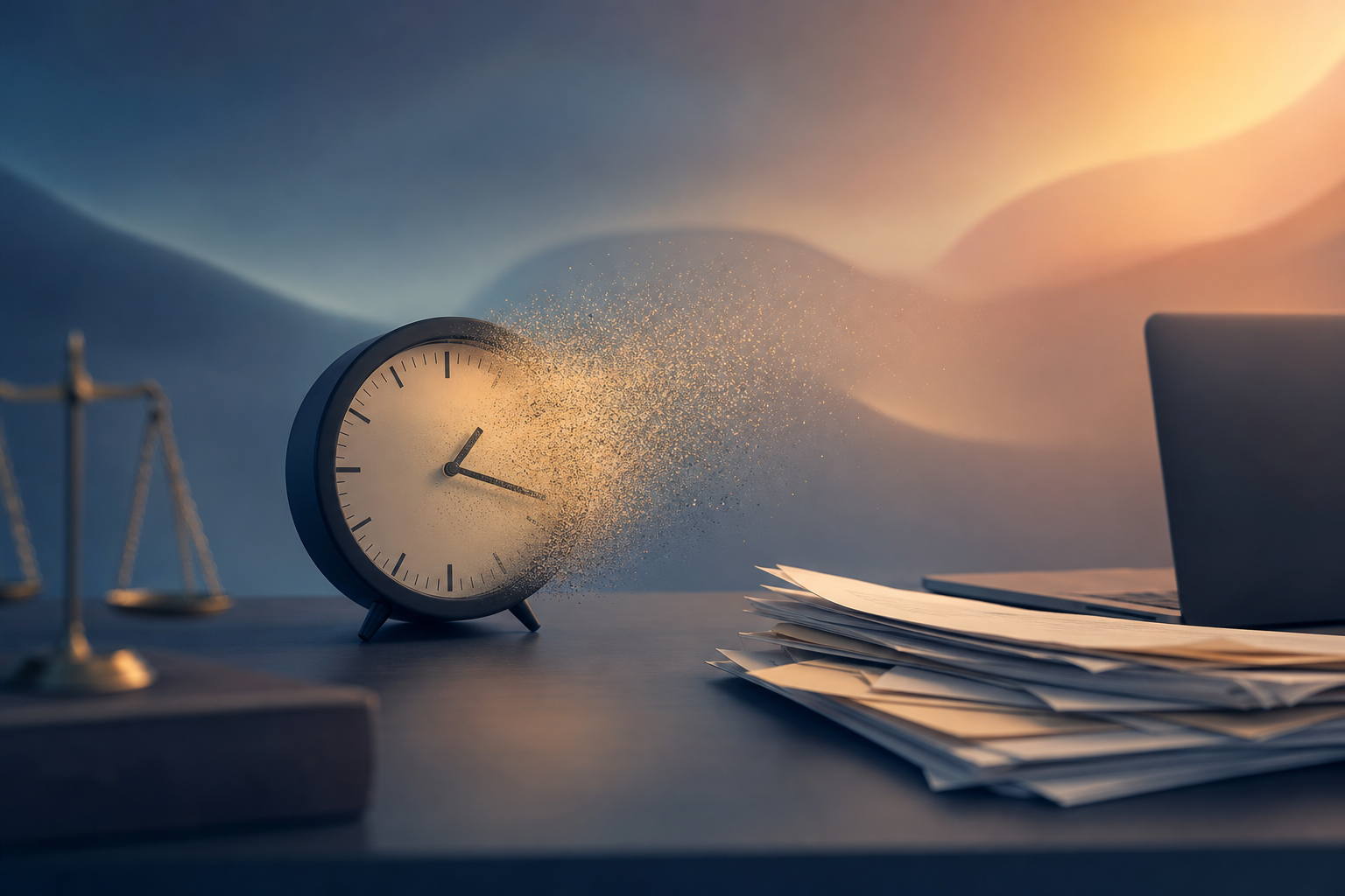 A clean, professional conceptual illustration of a law office desk scene showing an analog clock alongside a stack of scattered paper documents and a laptop, with faint sand-like particles drifting away from the clock face to symbolize lost or leaking time. Muted professional color palette of navy, slate gray, and soft amber. Flat modern editorial style, no text or letters, soft natural lighting.