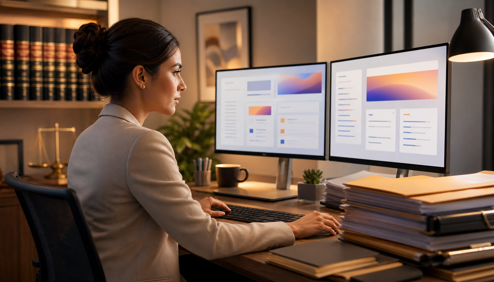A paralegal sitting at a modern desk with dual monitors displaying a clean digital case management dashboard, stacks of organized legal folders nearby, warm office lighting, professional legal environment, focused and efficient workflow atmosphere, no text or labels visible