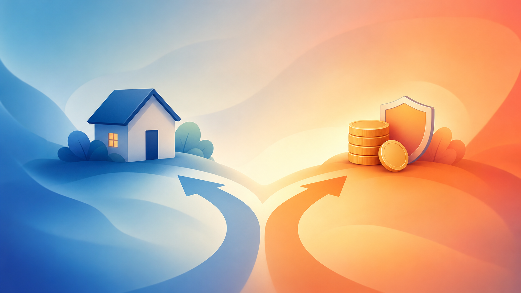 A clean, professional editorial illustration representing a decision fork between two financial protection paths. A split road or diverging arrow motif, one side symbolized by a small house icon representing state home equity protection, the other side symbolized by a stack of coins and a shield representing a portable cash safeguard. Balanced scale or comparison layout in the center. Warm, trustworthy color palette with soft blues and neutral tones. Flat vector style, no people, no signage, no words, no letters, no numbers anywhere in the image. Conveys choosing between two exemption schemes.