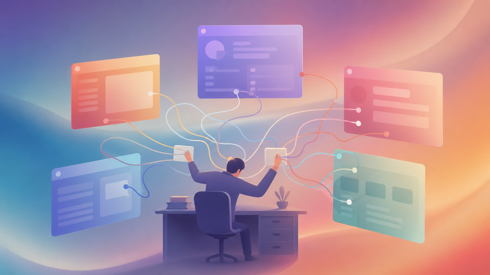 A clean conceptual illustration of a fragmented, disconnected software tool stack in a law office: four or five separate rectangular app windows floating apart, with a single overwhelmed figure manually re-entering data between them, tangled connecting threads running back and forth. Muted professional color palette, flat vector style, sense of inefficiency and duplicated effort. No text, no words, no letters, no numbers.