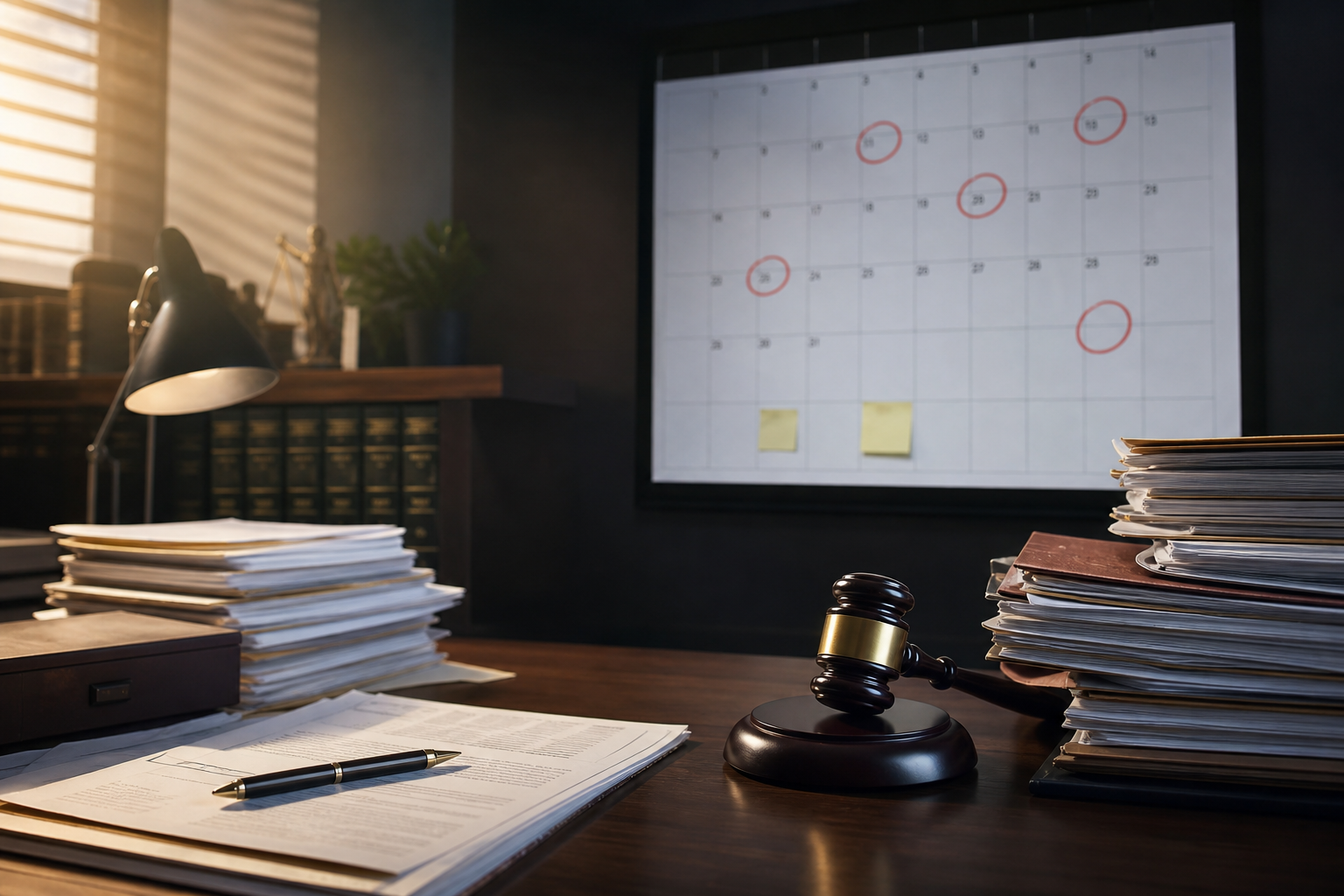 A law firm office desk with a large wall calendar showing multiple court deadline dates circled in red, legal documents and folders stacked in urgency, a gavel resting on the desk, dramatic lighting suggesting high stakes and time pressure, professional legal environment, photorealistic style
