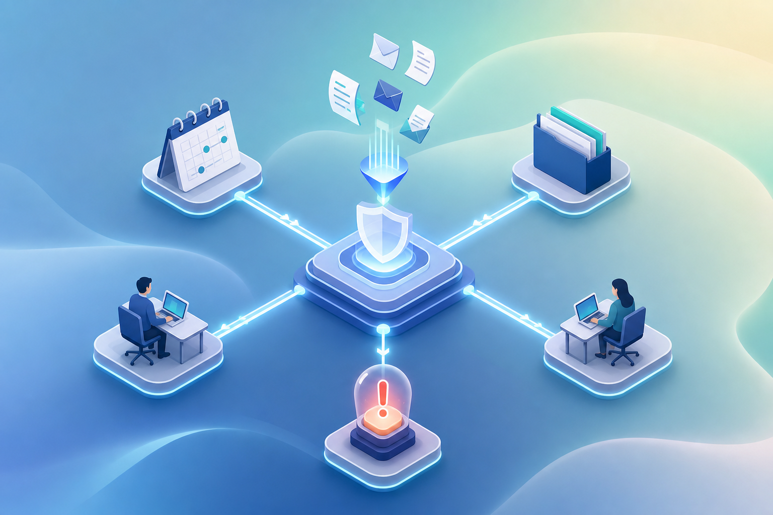 A clean, modern isometric illustration of a unified legal-operations deadline system: a central hub connected by clear glowing pathways to distinct nodes representing calendared milestones, named-owner role markers (small human figures at desks), incoming document/notice icons routing automatically into matter folders, and an escalation alert node lifting a stalled case to attention. Emphasize orderly, automatic connections and single-source-of-truth structure. Muted professional palette of blues, grays, and soft teal. Flat vector style, no text, no words, no letters, conveying reliable system-driven coordination in a bankruptcy law firm workflow.