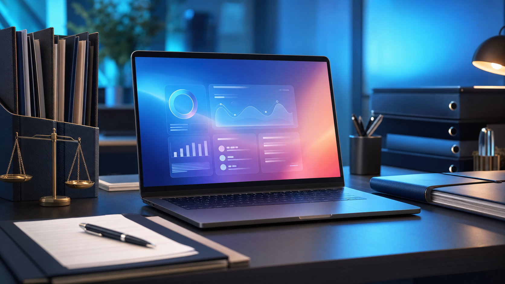 A modern law office desk scene showing a sleek laptop with a glowing digital dashboard on screen, surrounded by neatly organized legal folders and documents, with soft blue ambient lighting suggesting efficiency and automation, no people visible, clean minimalist aesthetic