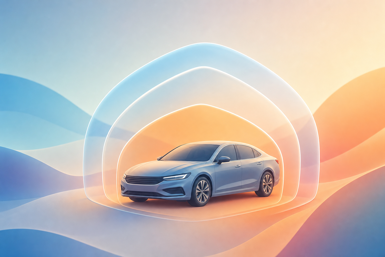 A clean, professional conceptual illustration of a parked car beside two stacked protective layers or shields forming a combined barrier around it, symbolizing layered financial protection and stacking of coverage over a vehicle. Modern flat vector style, calm neutral background with soft blues and warm tones, legal and financial theme, no people, abstract and minimal. The image must contain no text, no words, no letters, and no numbers.