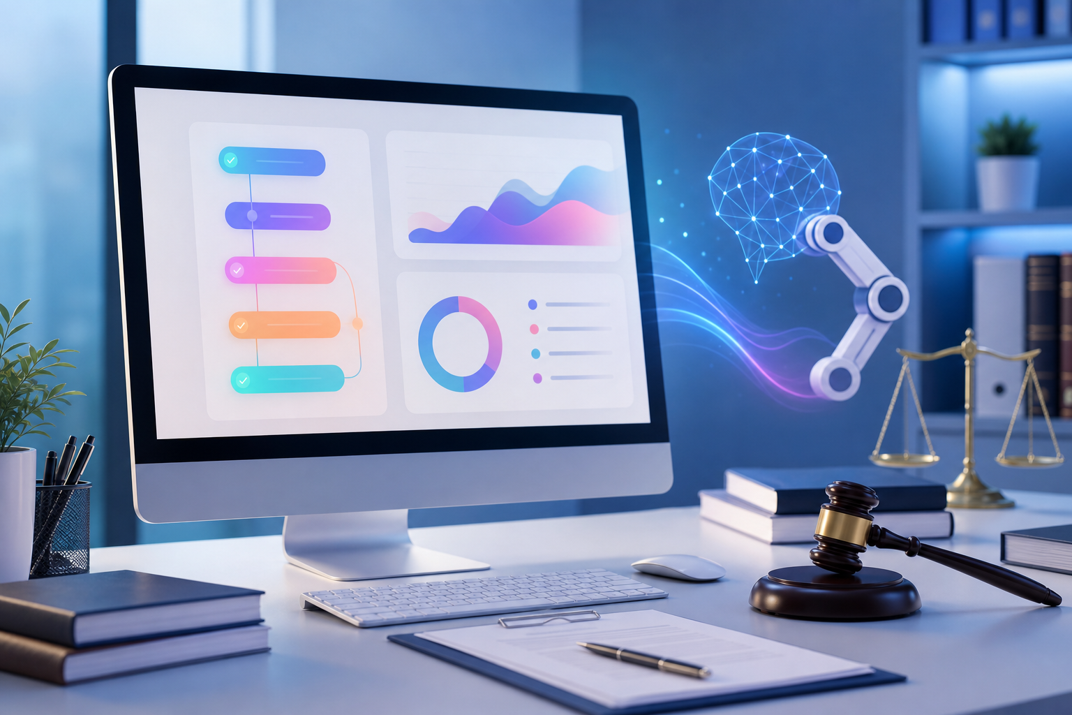 A modern law office environment viewed from a slight angle, showing a sleek desktop computer screen displaying an automated workflow dashboard with colorful progress indicators and lead scoring charts, a stylized robot arm or neural network icon subtly integrated into the composition, surrounded by neatly organized legal documents and a gavel, cool blue and white professional lighting, clean flat-lay aesthetic, no people, no text or letters