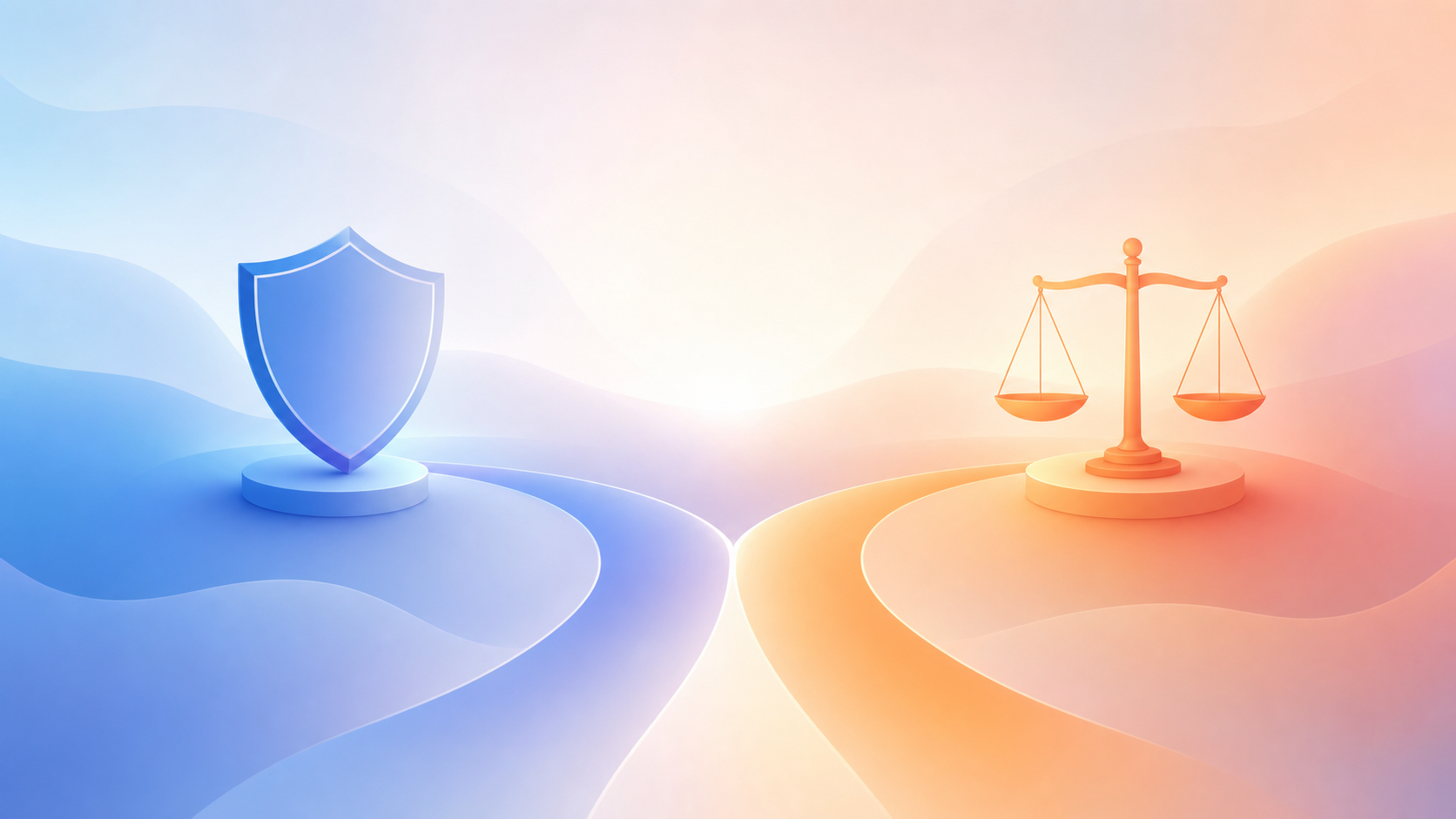 A clean, professional conceptual illustration showing two divergent paths or roads splitting from a single starting point, one path leading to a protective shield symbol and the other to a set of balanced scales, set against a calm neutral background with soft blues and warm tones. Modern flat vector style, legal and financial theme, no people, abstract and minimal. The image must contain no text, no words, no letters, and no numbers.