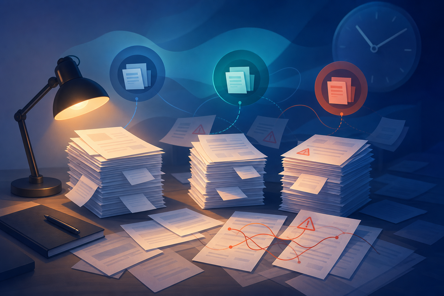 A clean, modern flat-illustration style scene depicting the friction of manual data entry at a law office late at night. Show a single overwhelmed desk with three tall stacks of paper documents representing separate credit bureau reports, a small desk lamp casting a warm glow to suggest late-evening work, and abstract visual cues of duplication and error: overlapping document sheets, a few sheets with subtle red warning marks or tangled connector lines suggesting mismatched or transposed data. Use a professional legal-tech color palette of blues, teals, and soft grays with a single warm amber accent from the lamp. No text, no words, no letters, no numbers anywhere in the image. Abstract icons only: paper stacks, a desk lamp, warning triangles, tangled routing lines, and a subtle clock motif to suggest a looming deadline.