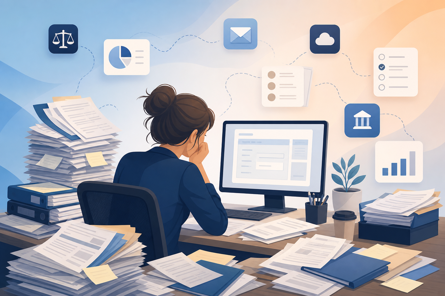 A clean, modern conceptual illustration of a busy law firm paralegal's desk at a high-volume bankruptcy practice, overwhelmed with scattered stacks of paper documents, folders, bank statements, and sticky notes. A single computer monitor shows a generic form interface. Multiple disconnected tool icons float around in a fragmented, disconnected layout to convey workflow friction and manual effort. Muted professional color palette with blue accents, soft lighting, flat vector illustration style, no text or letters anywhere.