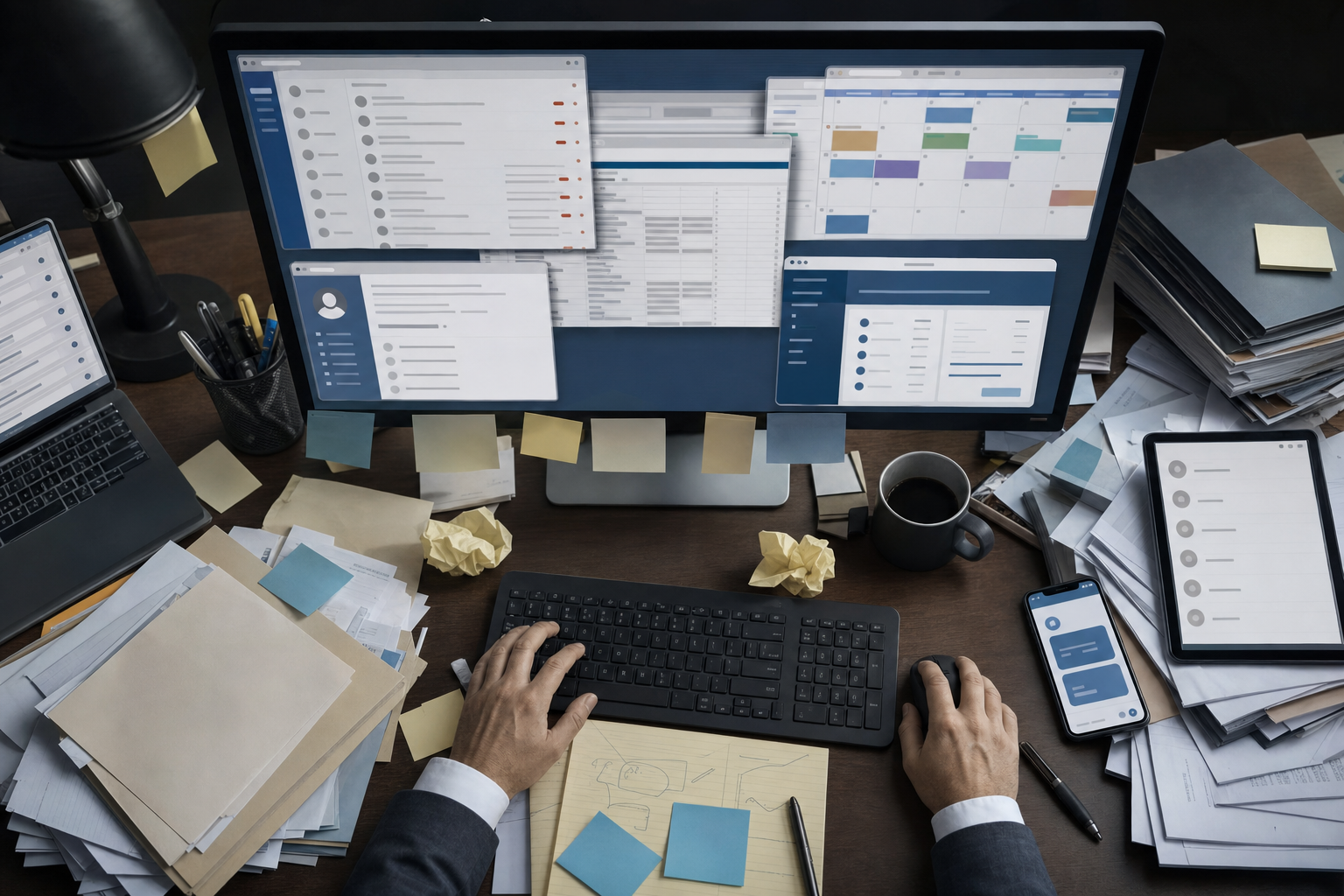 A cluttered law office desk viewed from above, showing multiple disconnected software windows open on a computer monitor, sticky notes with reminders, a shared inbox overflowing with unread messages, spreadsheets spread across the screen, a separate calendar tool, and a payment app — all fragmented and visually overwhelming, representing a chaotic multi-tool workflow. No text, words, or labels anywhere in the image. Muted professional color palette with blues and grays.