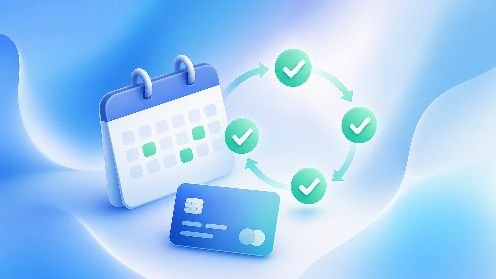 A clean, modern flat-lay illustration of an automated billing workflow: a calendar showing recurring payment dates, a credit card, and a series of green checkmarks flowing in a smooth circular cycle, representing automatic payment processing and collections on a schedule, with soft blue and white tones, no people, no text