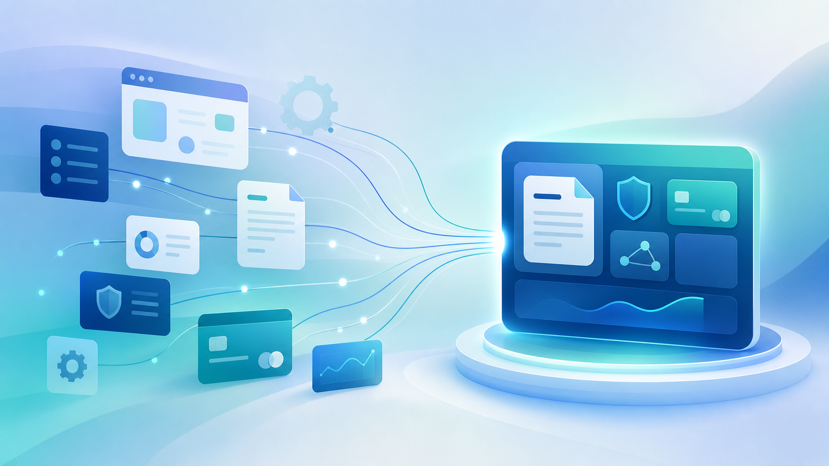A clean, modern flat-illustration style conceptual diagram showing multiple scattered, disconnected app windows and gears on the left side converging and merging into a single unified central hub or platform on the right. Use a professional color palette of blues, teals, and soft grays. Depict data flowing along connecting lines from the fragmented tools into one clean central dashboard shape. Legal and finance iconography suggested through abstract shapes like document panels, a shield, a payment card outline, and connected nodes. Minimalist, corporate, no people. Absolutely no text, words, letters, or numbers anywhere in the image.