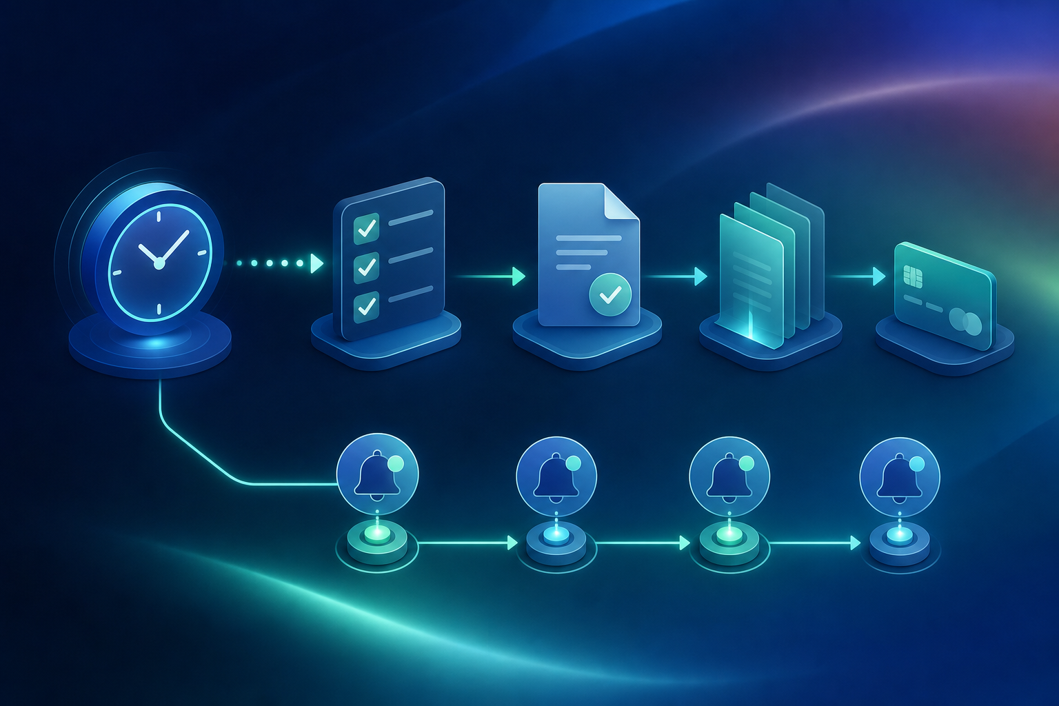 A clean isometric illustration of a law firm billing and time capture workflow: a digital clock automatically logging hours as tasks complete, invoices generating from milestone checkpoints on a glowing timeline, and a payment reminder sequence showing day markers at 14, 30, 45, and 60 with notification icons at each stage, connected by smooth flowing arrows on a dark professional background, teal and blue color palette, no text or labels