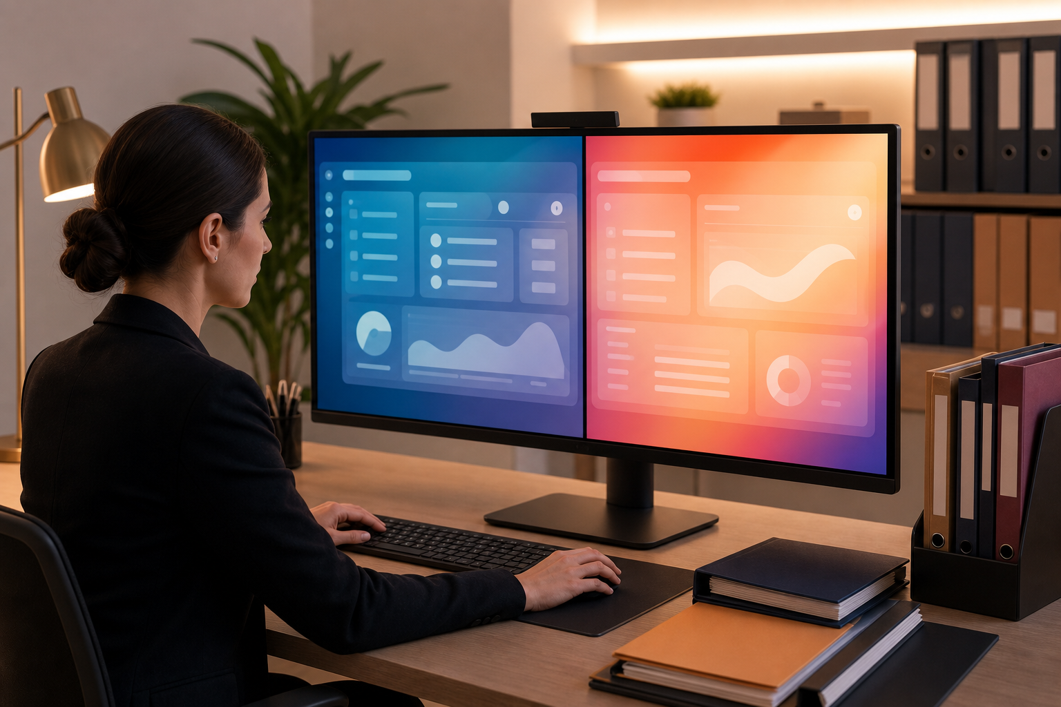 A focused bankruptcy paralegal at a clean office desk comparing multiple software interfaces on a large monitor, with organized legal binders and folders arranged neatly beside the desk, a split-screen display showing different case management dashboards side by side, professional legal office environment, overhead warm lighting, no visible text or labels on any screen
