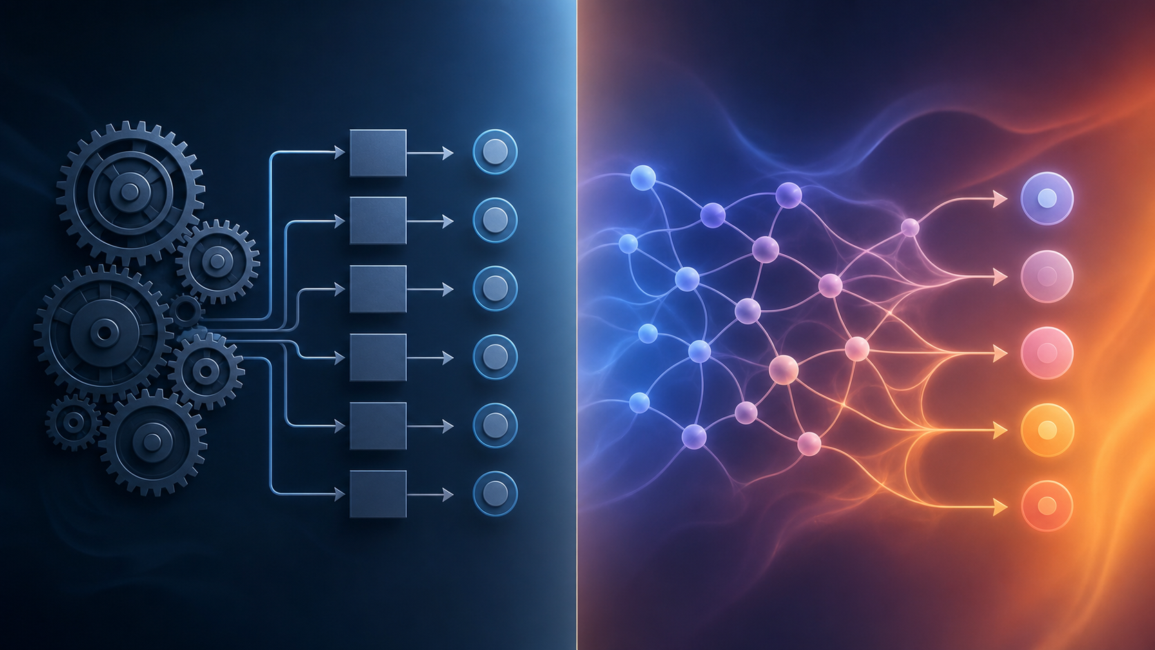 A split-screen conceptual illustration showing two contrasting calculation approaches side by side. On the left, a precise mechanical gear system with clean geometric lines, ordered flow charts, and consistent identical outputs represented by matching symbols — conveying reliability and reproducibility. On the right, an abstract neural network with branching nodes and slightly varied outputs — conveying approximation and variability. Muted professional color palette of deep navy blue and slate gray with subtle amber accents. No text, no words, no letters, no numbers.