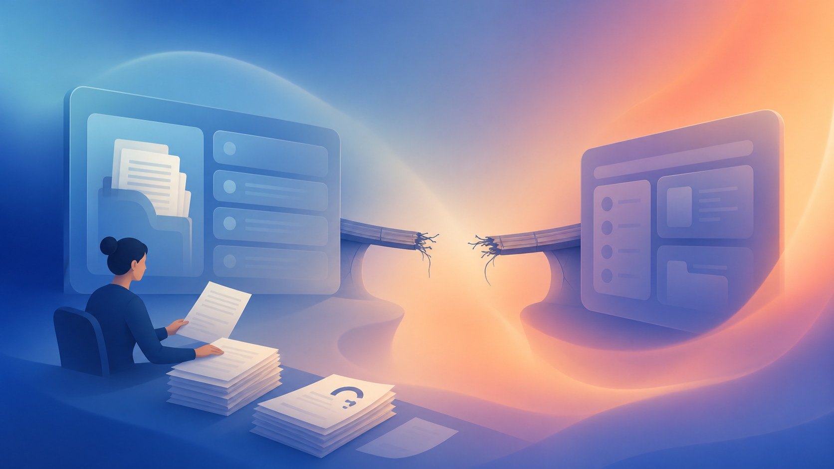 A clean, modern conceptual illustration of a legal workflow disconnect. Show two separate digital systems or software panels on a desk, connected by a broken or frayed bridge, with a figure of a paralegal re-entering stacks of paper documents and credit report pages from one system into another. Use a professional, muted blue and slate color palette with soft lighting. Flat vector style, no text, no words, no letters, no numbers. Emphasize the gap and manual handoff between the two systems.