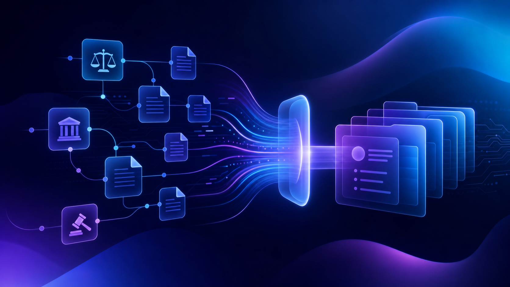 A sleek futuristic illustration of an automated legal workflow system for bankruptcy law firms: a glowing digital dashboard showing interconnected nodes representing court notices, filing packets, and case timelines, with abstract document icons flowing through a pipeline into organized case records, set against a deep navy blue background with subtle circuit patterns and soft blue-purple gradient accents — no people, no text, no letters, no words, no labels